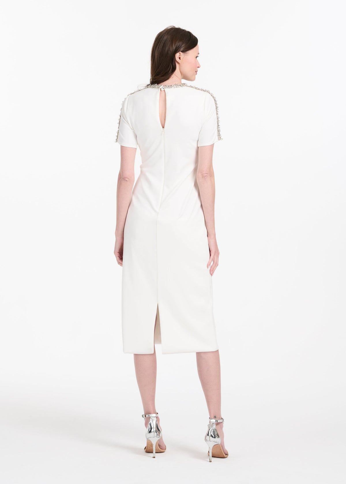 Stretch Crepe Mockneck Midi With Crystals Ivory
