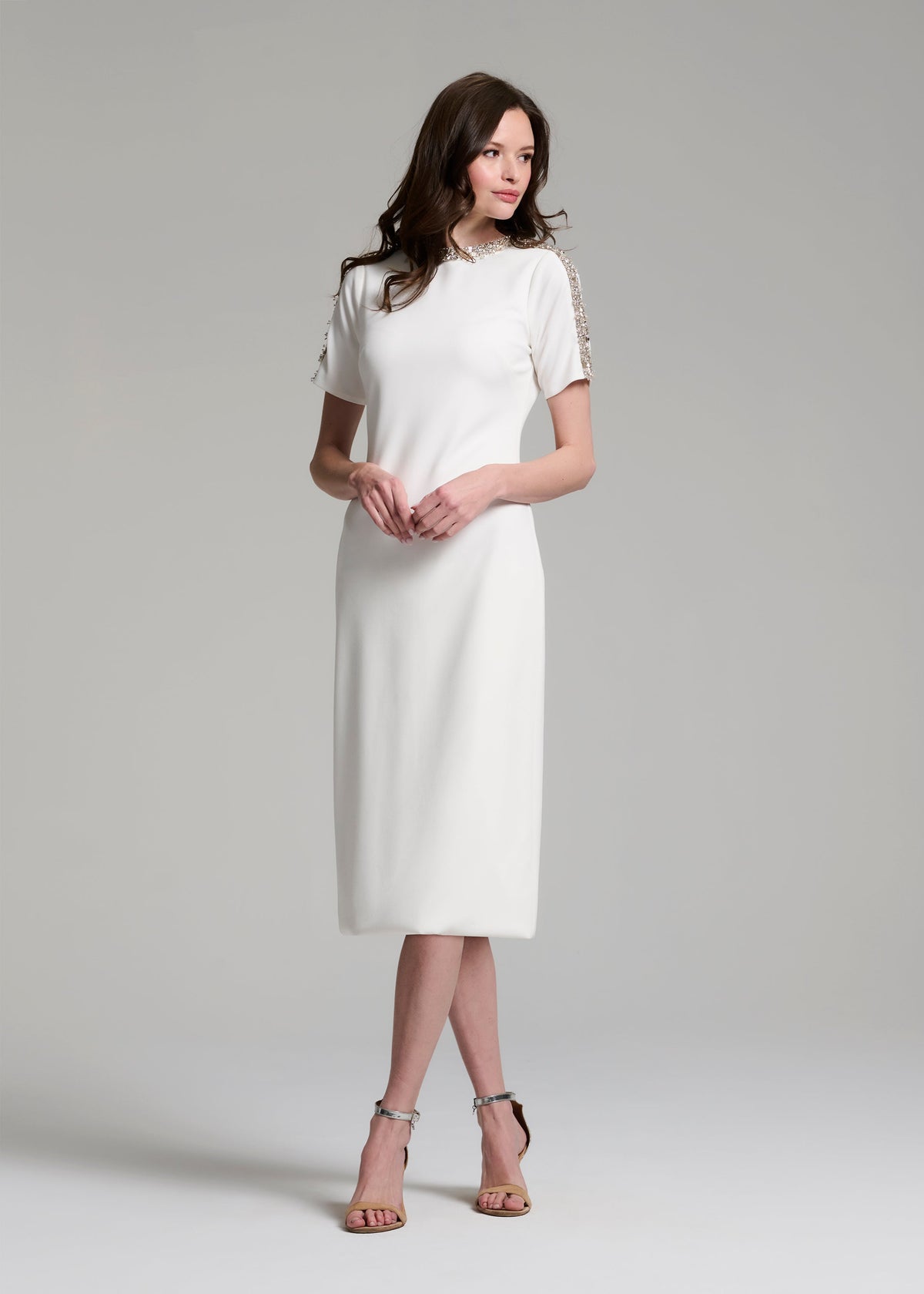 Stretch Crepe Mockneck Midi With Crystals Ivory