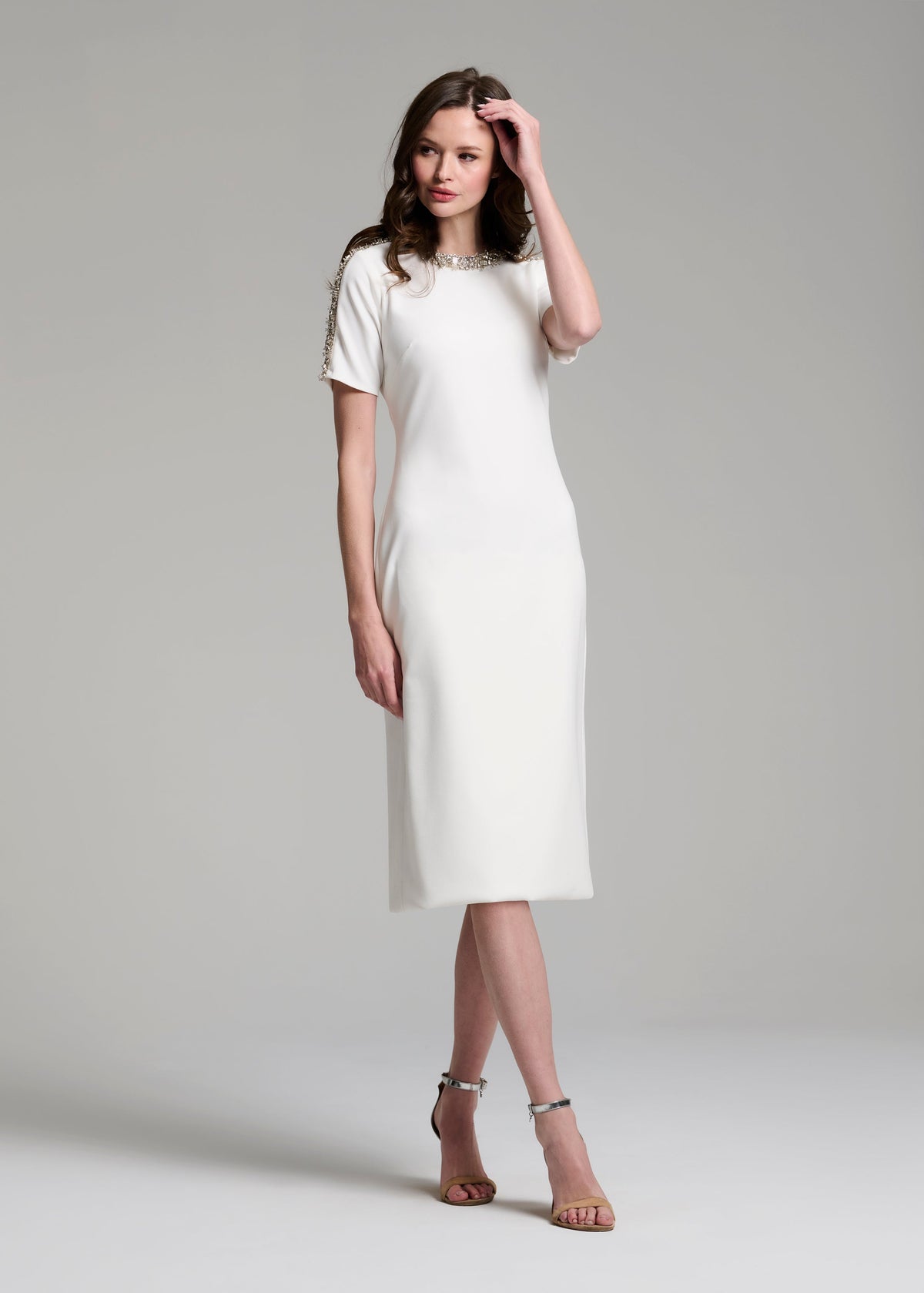 Stretch Crepe Mockneck Midi With Crystals Ivory