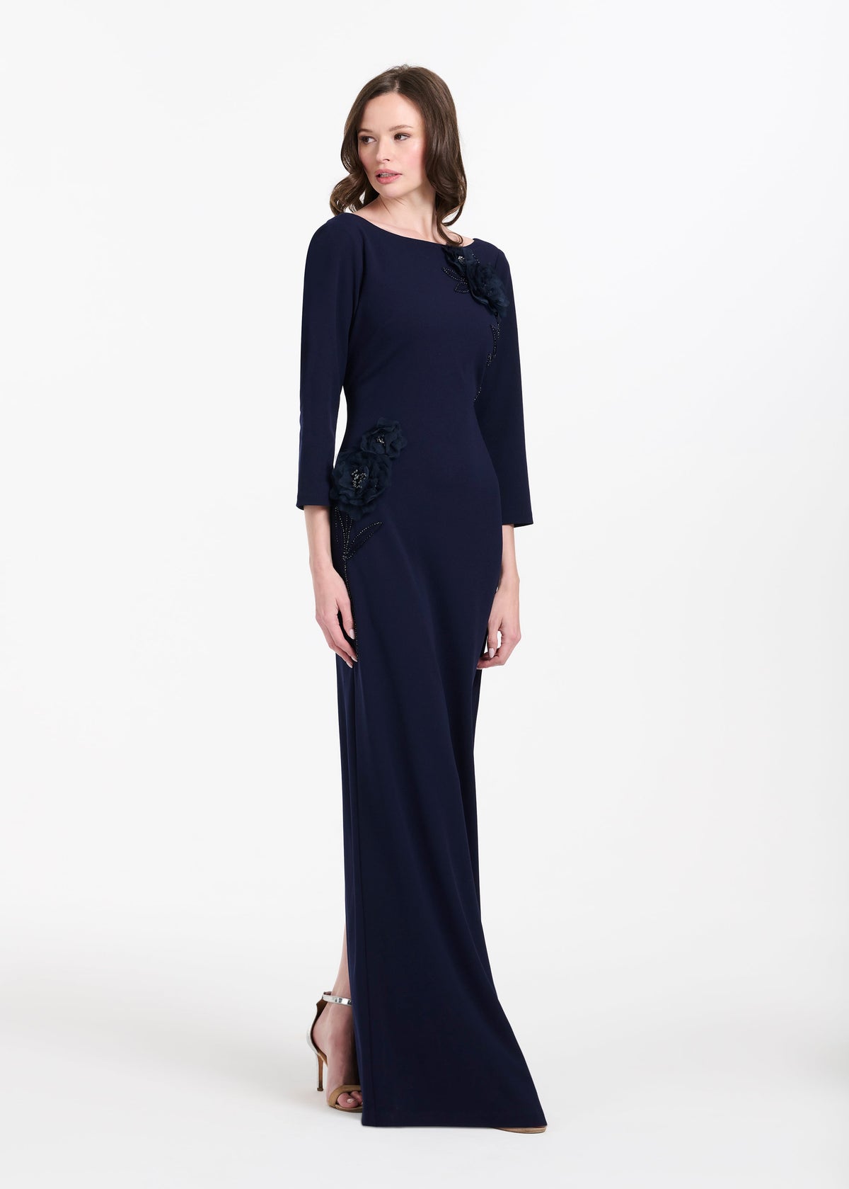 Stretch Crepe 3/4 Sleeve Gown With Organza  Applique Navy
