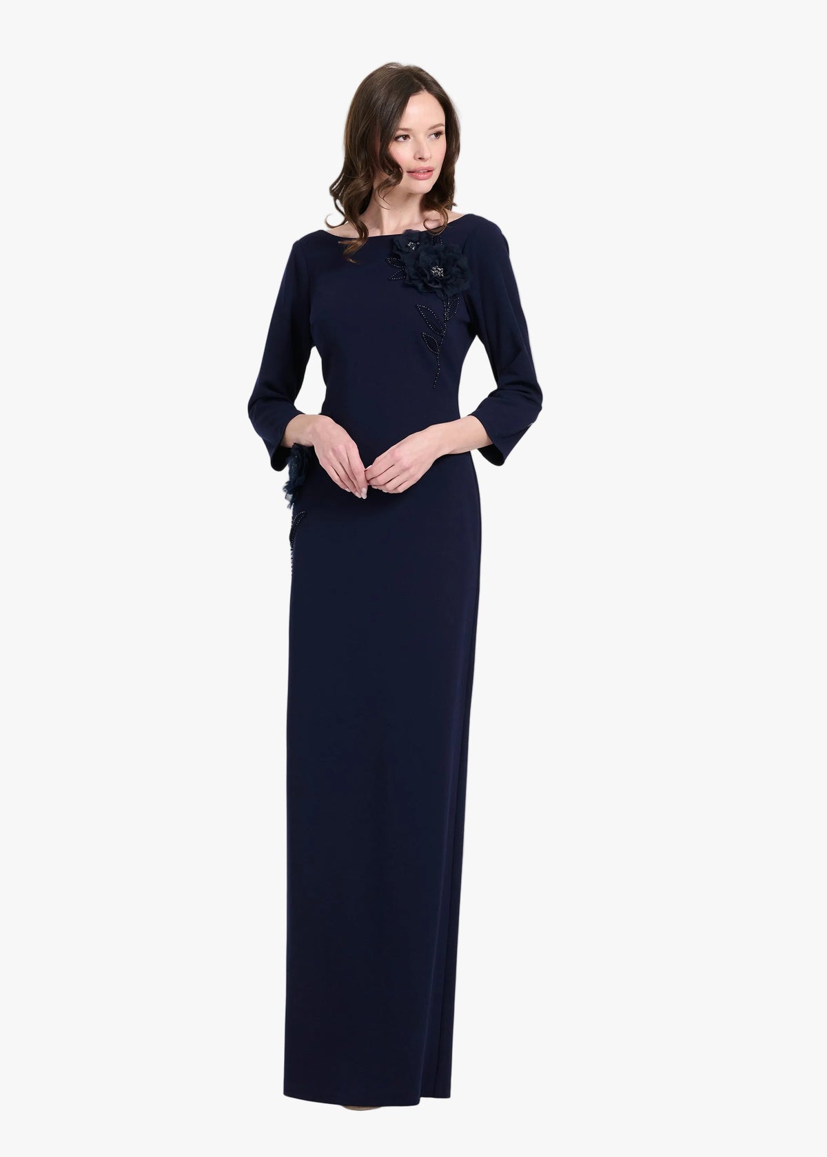 Stretch Crepe 3/4 Sleeve Gown With Organza  Applique Navy