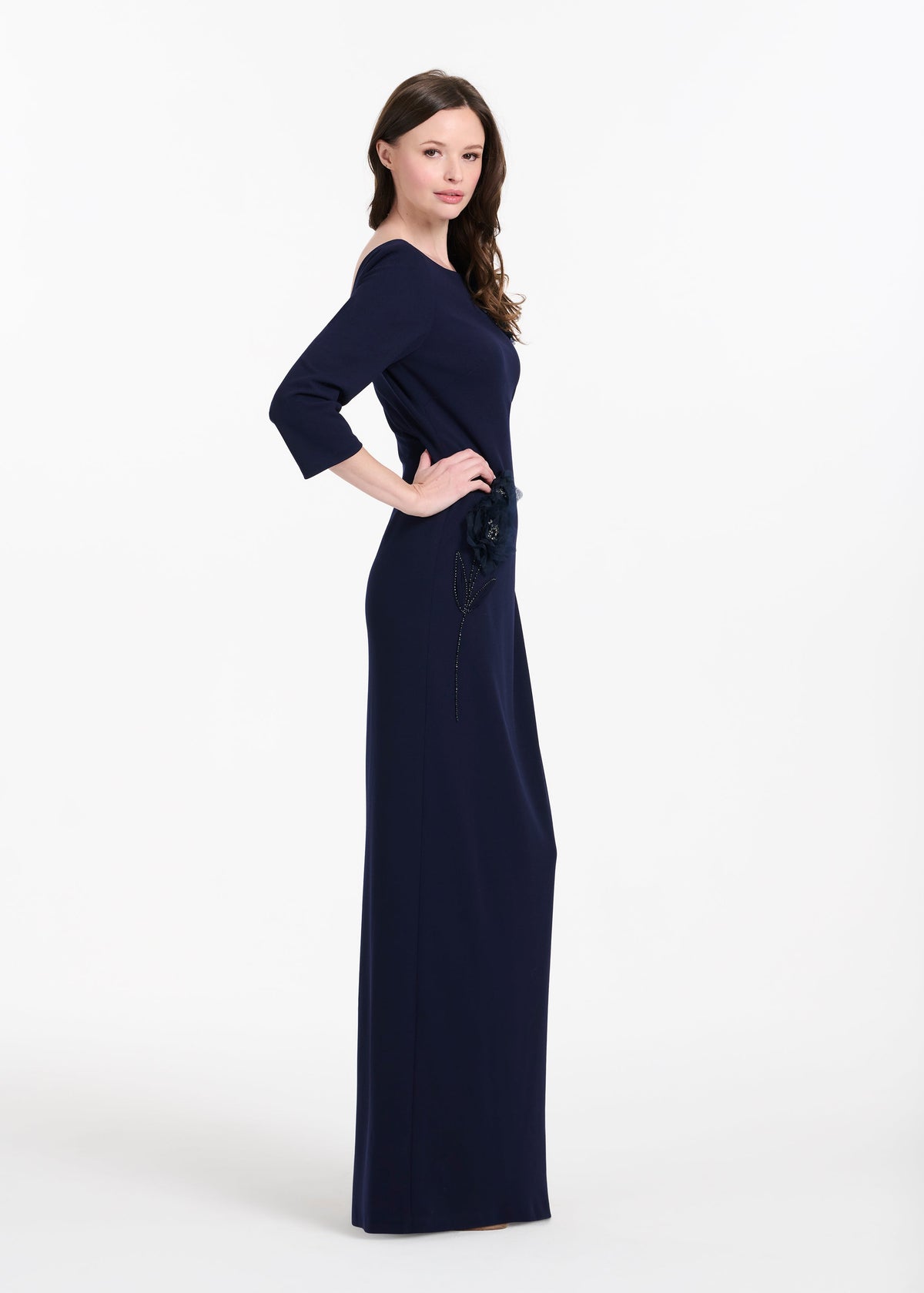Stretch Crepe 3/4 Sleeve Gown With Organza  Applique Navy