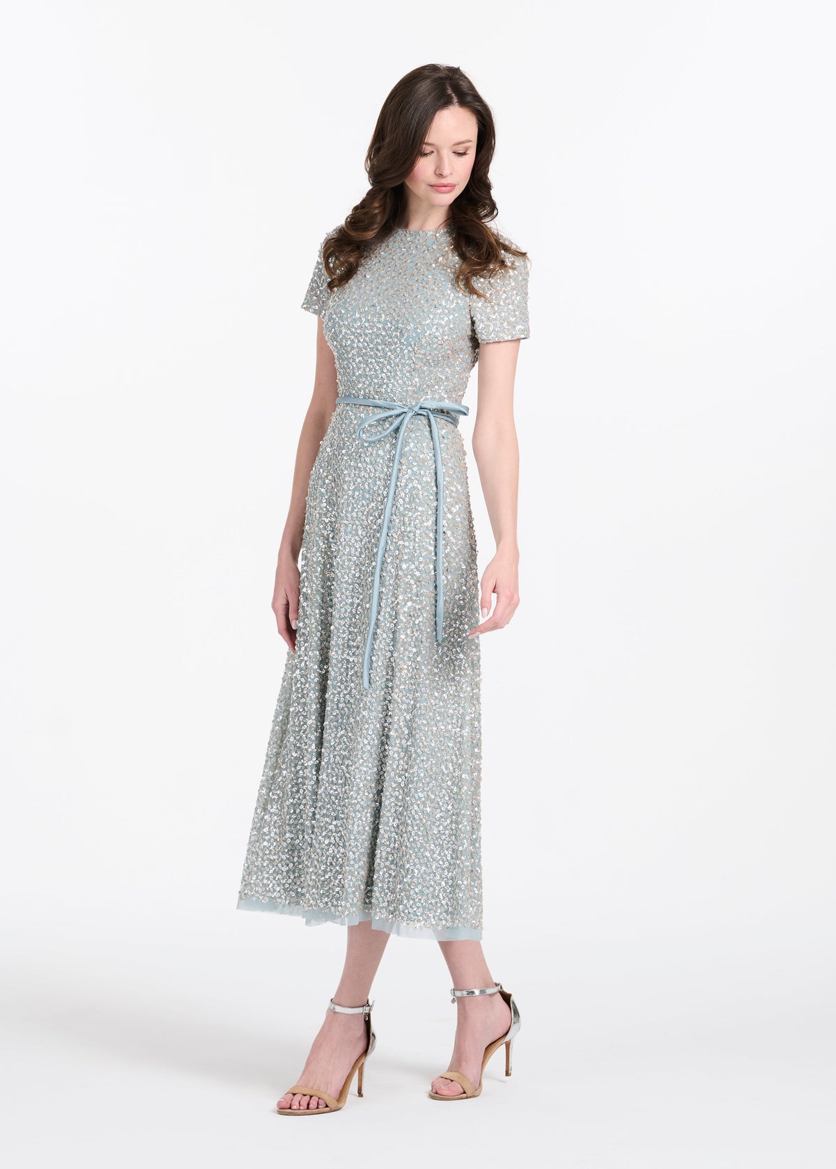 Translucent Encrusted Sequin Dress Light Blue