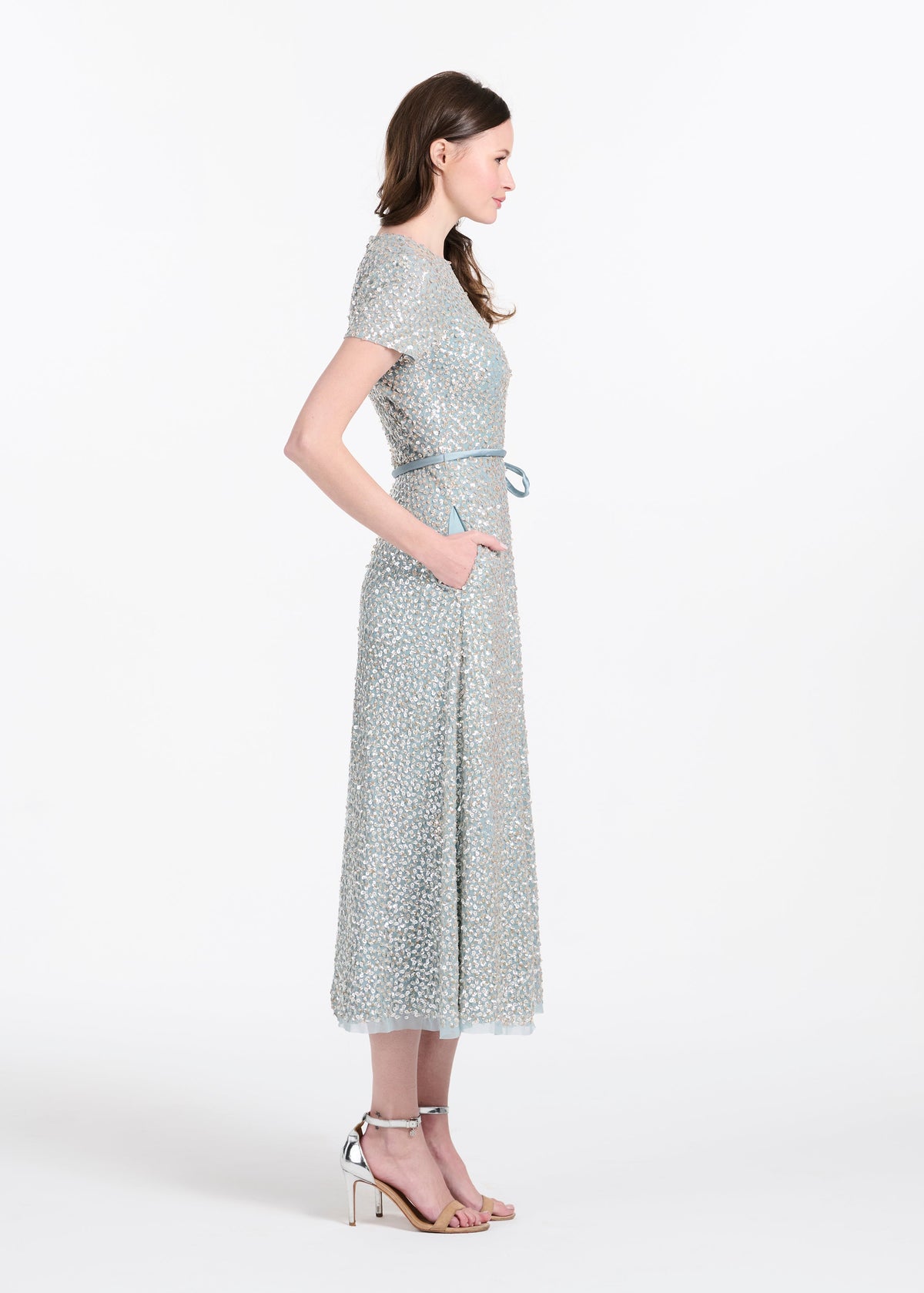 Translucent Encrusted Sequin Dress Light Blue