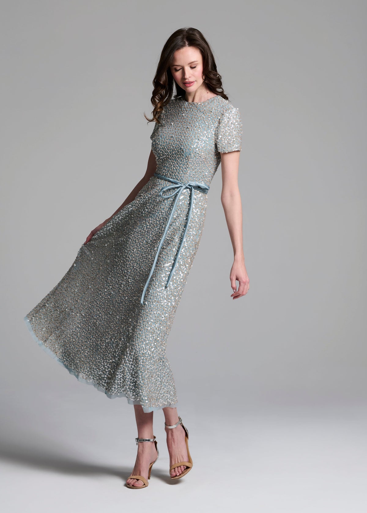 Translucent Encrusted Sequin Dress Light Blue