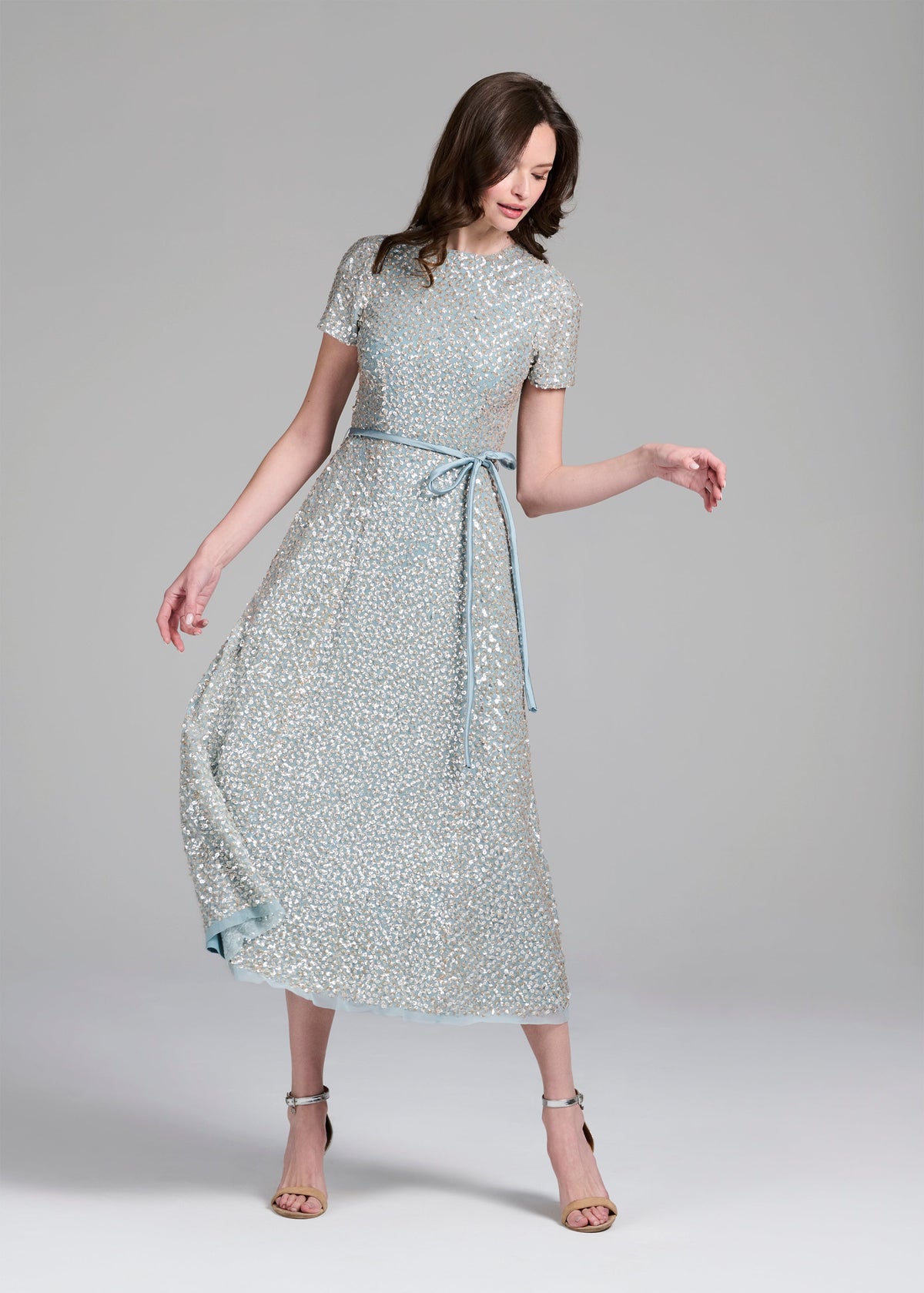 Translucent Encrusted Sequin Dress Light Blue