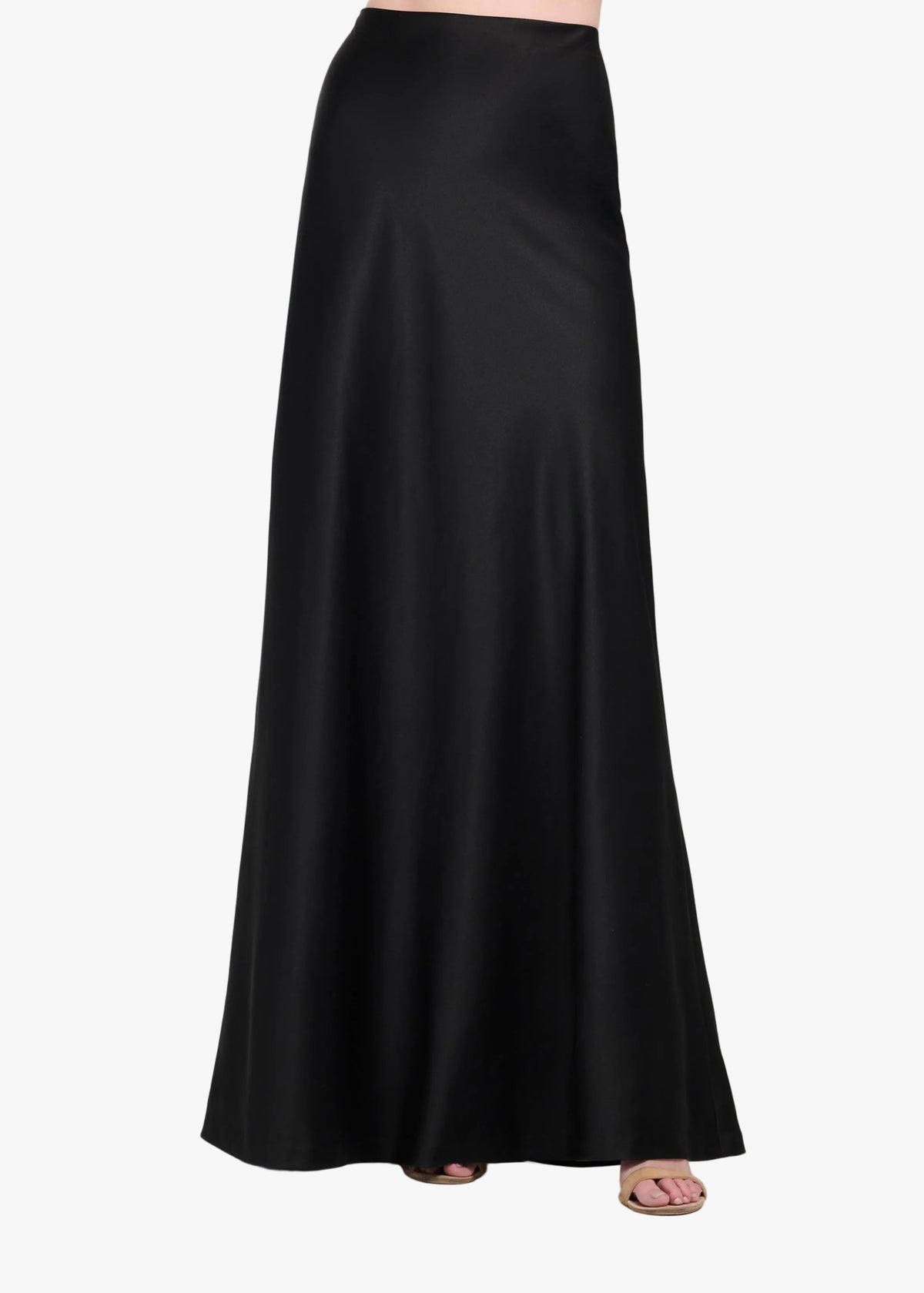 Stretch Satin Bias Long A-Line Skirt - Black