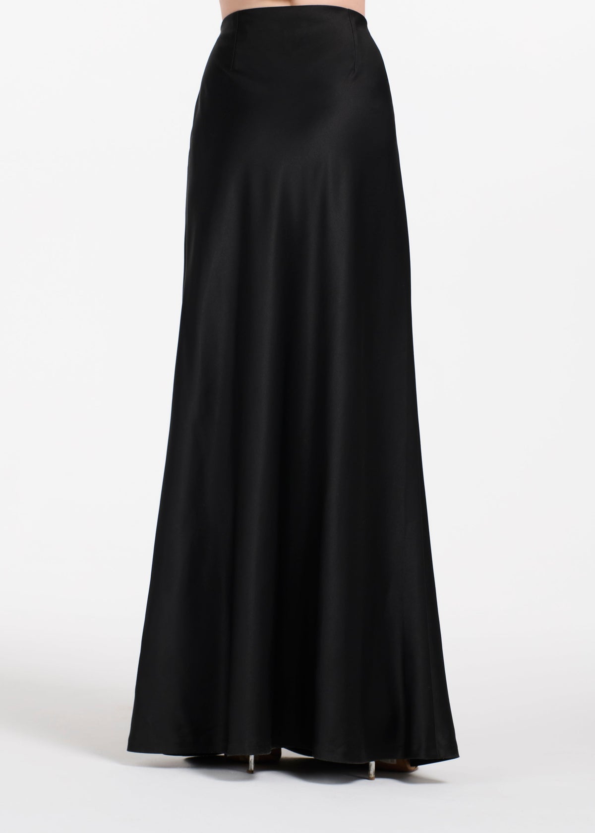 Stretch Satin Bias Long A-Line Skirt - Black