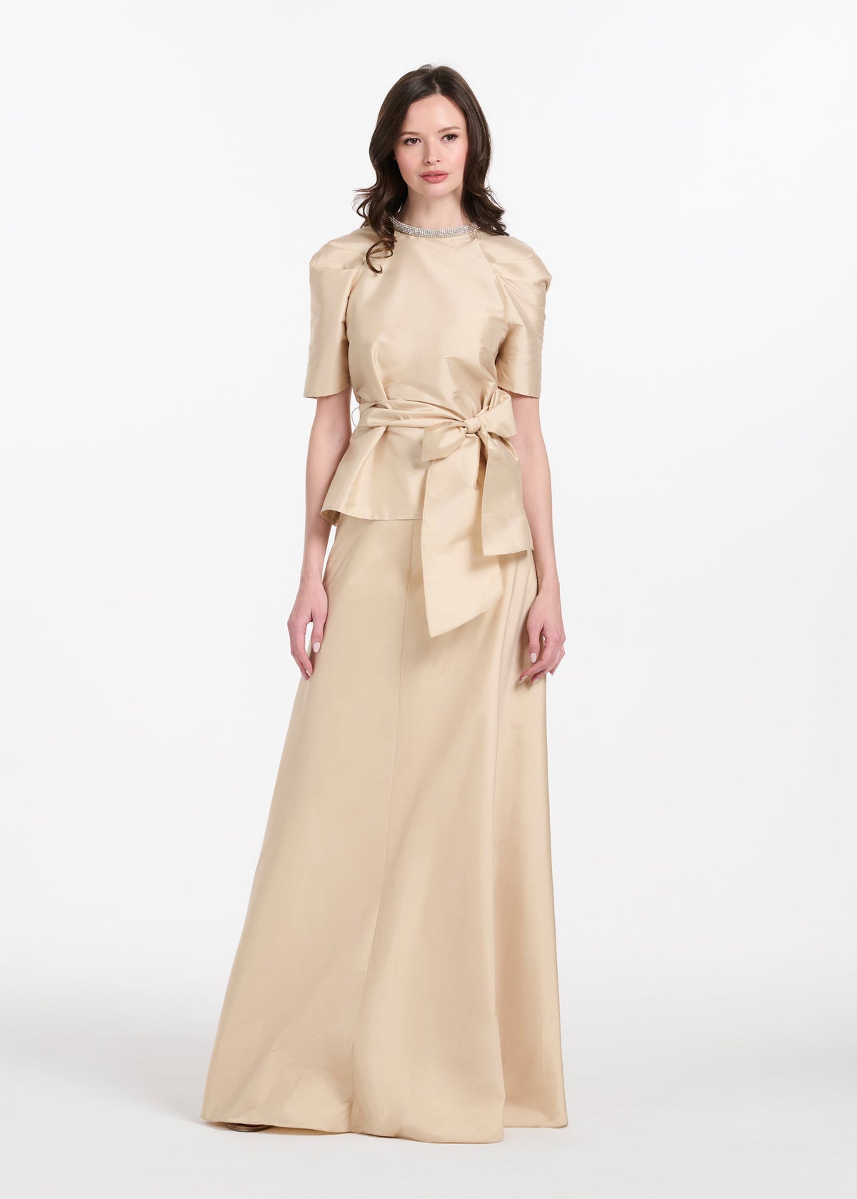 Draped Taffeta Blouse With Crystal Necklace Champagne
