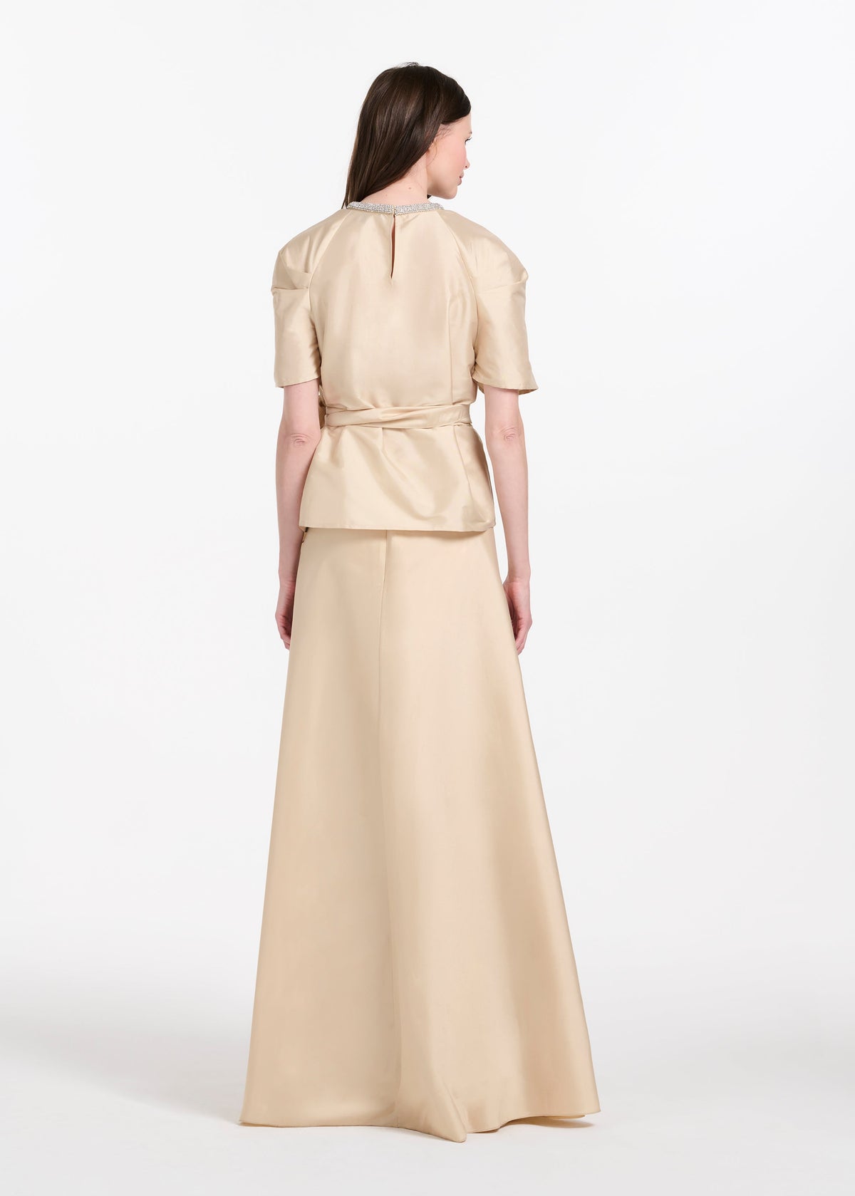 Draped Taffeta Blouse With Crystal Necklace Champagne