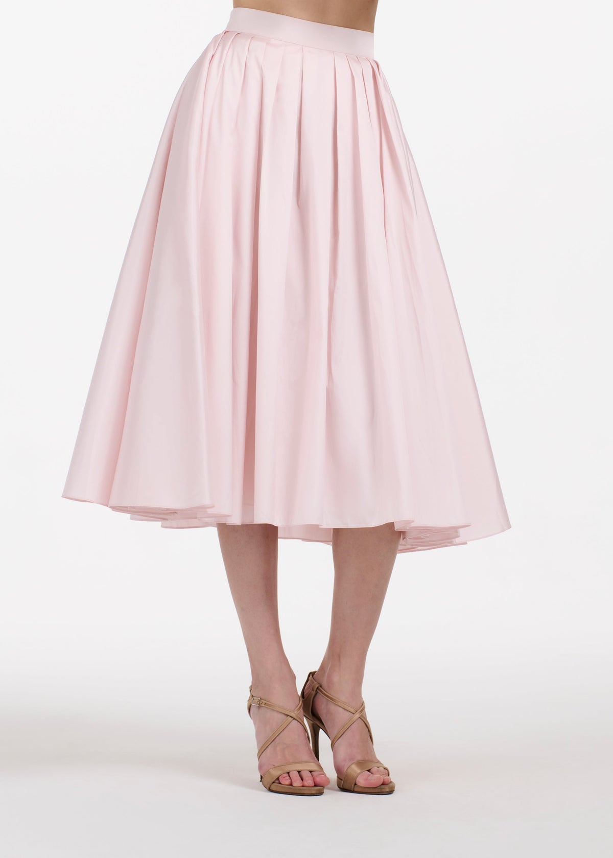 Tea Length Pleated Soft Taffeta Midi Skirt Blush
