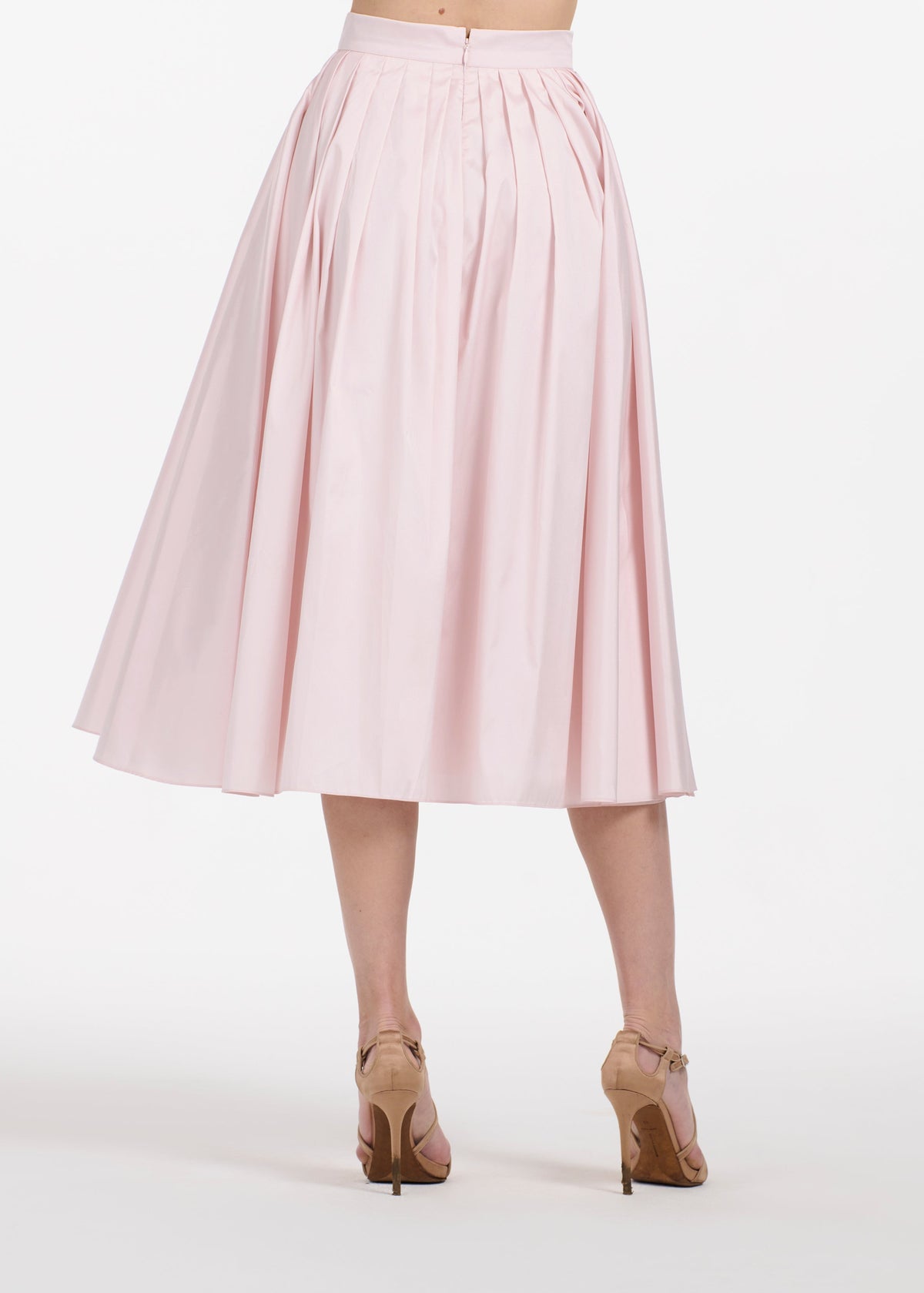 Tea Length Pleated Soft Taffeta Midi Skirt Blush