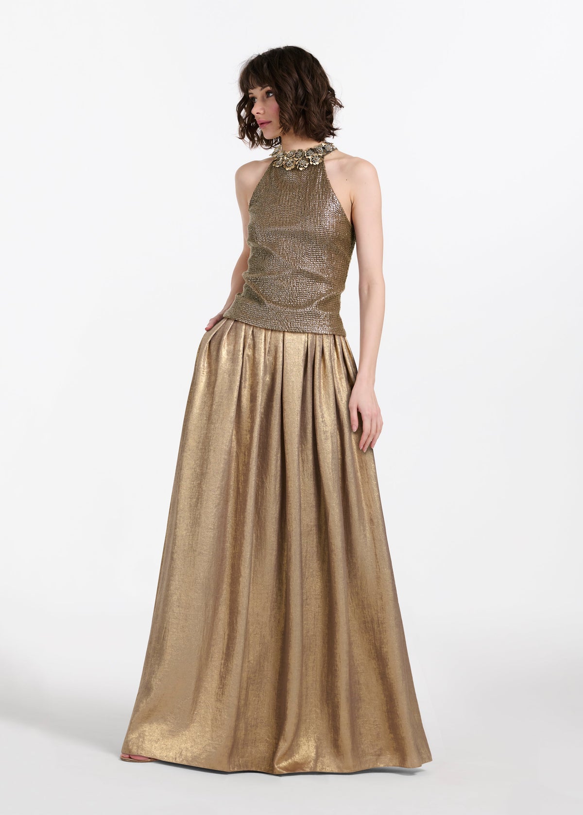 Sequin Halter With Pailette Flowers Suntan