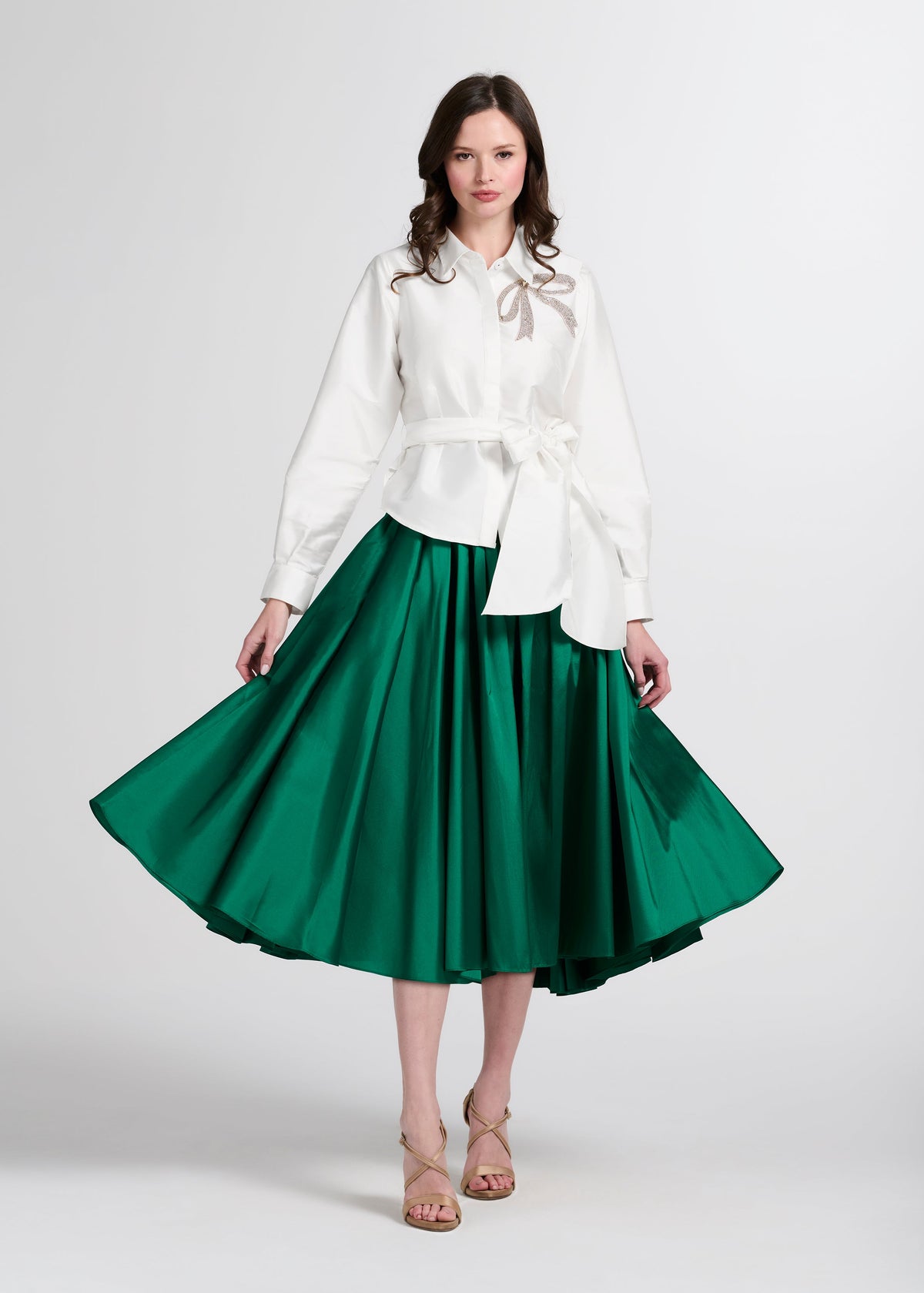 Crystal Bow Applique Blouse In Soft Taffeta Emerald