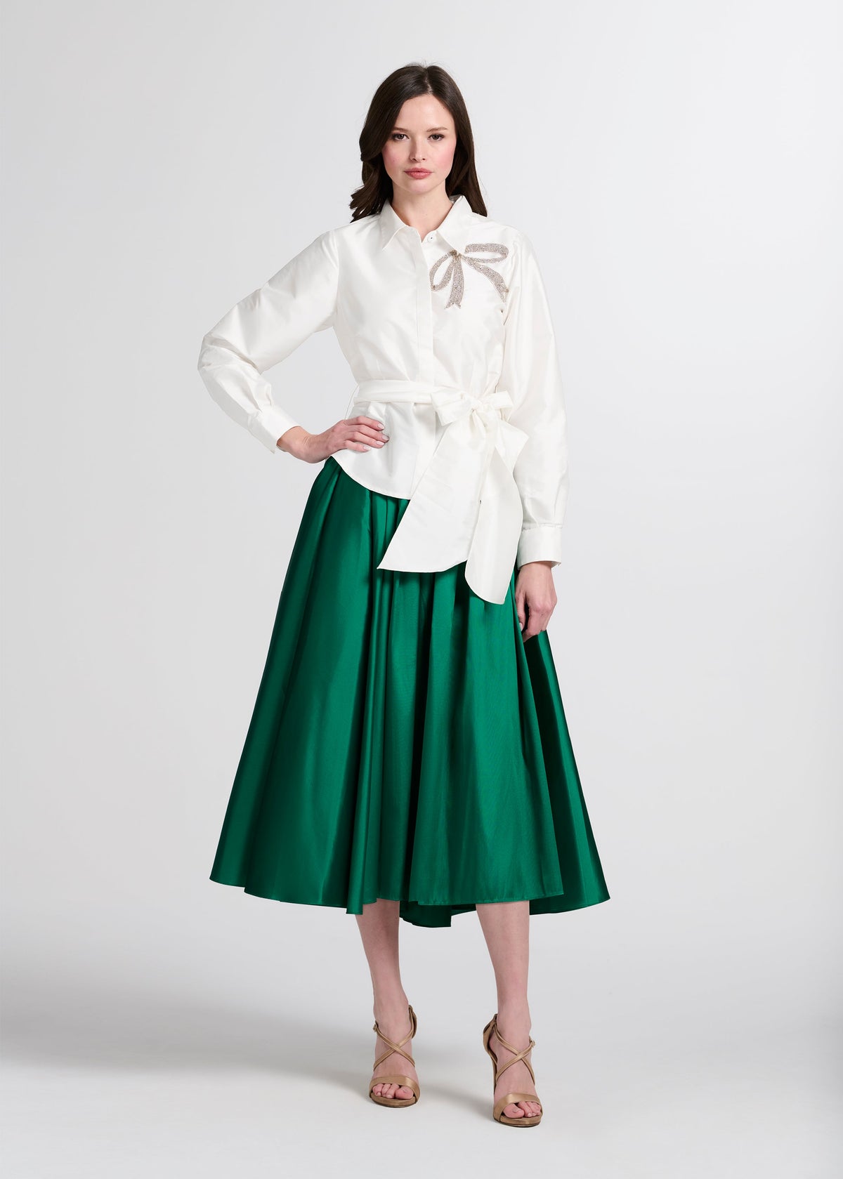 Crystal Bow Applique Blouse In Soft Taffeta Emerald