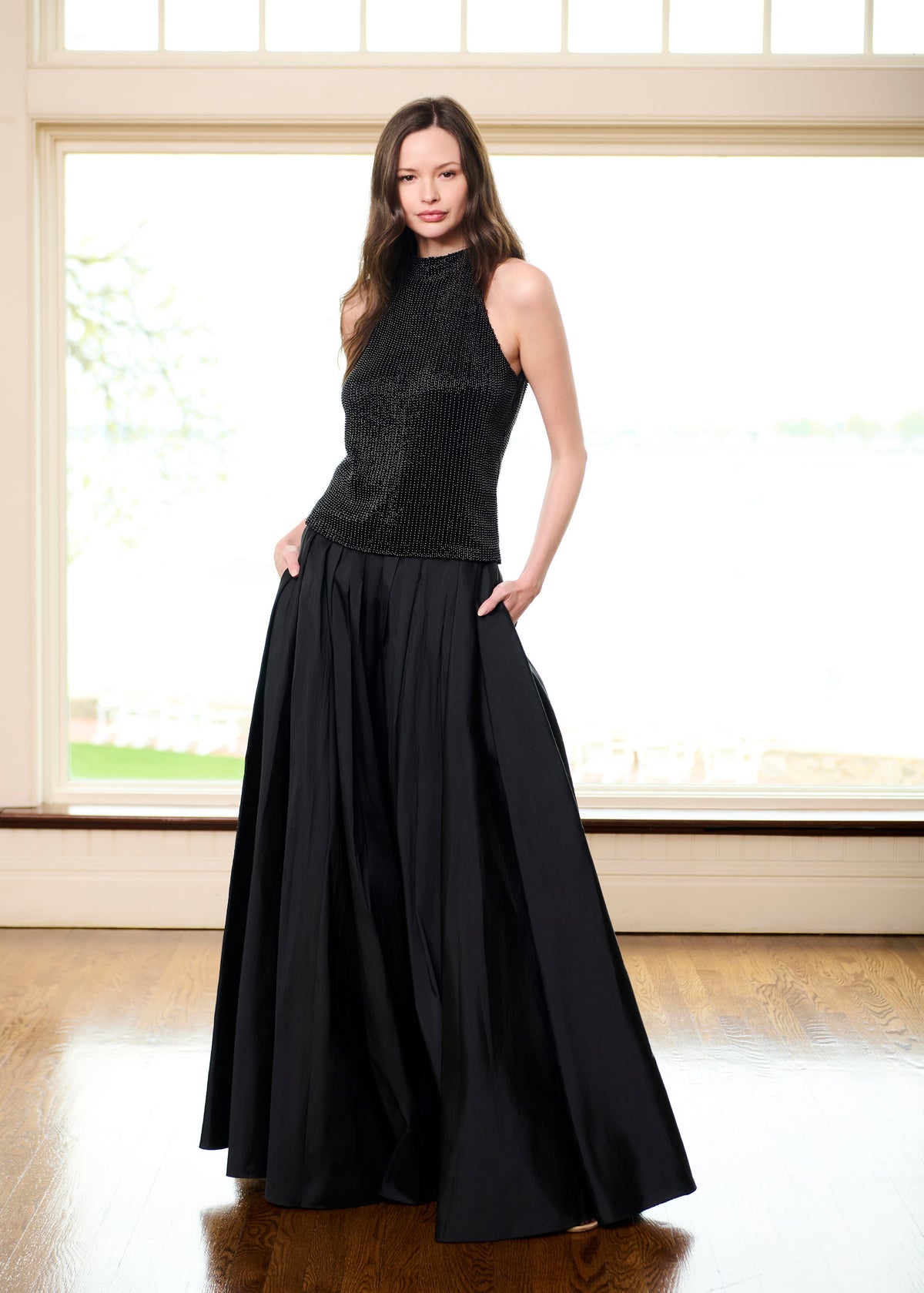 Pearl Encrusted Sleeveless Mock Neck - Black
