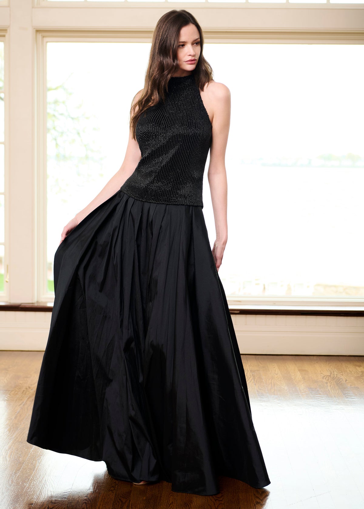 Pearl Encrusted Sleeveless Mock Neck - Black