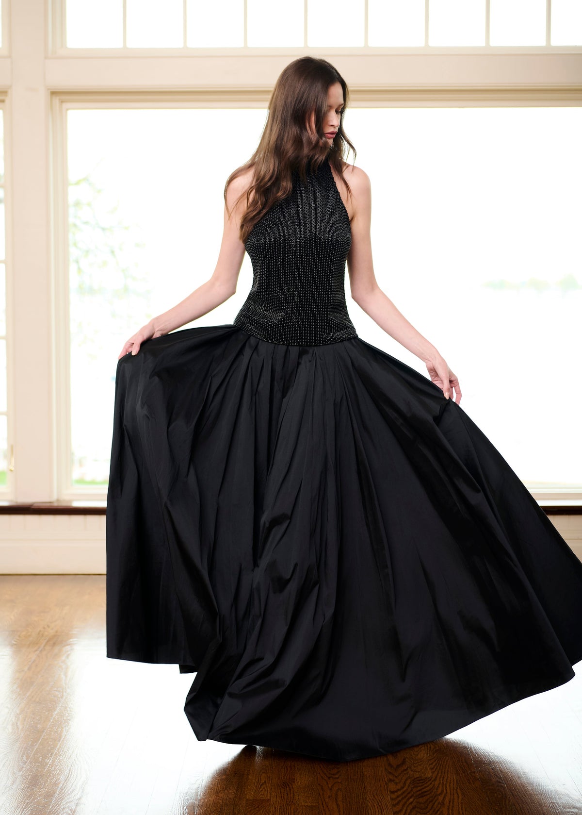 Pearl Encrusted Sleeveless Mock Neck - Black