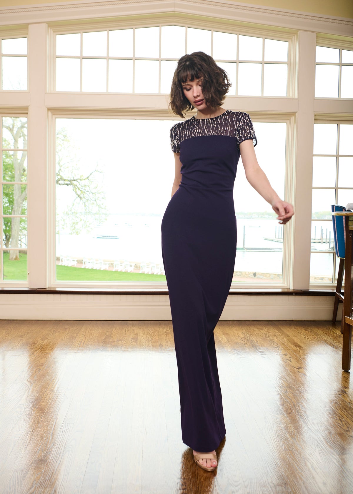 Illusion Crystal Stretch Crepe Gown Amethyst