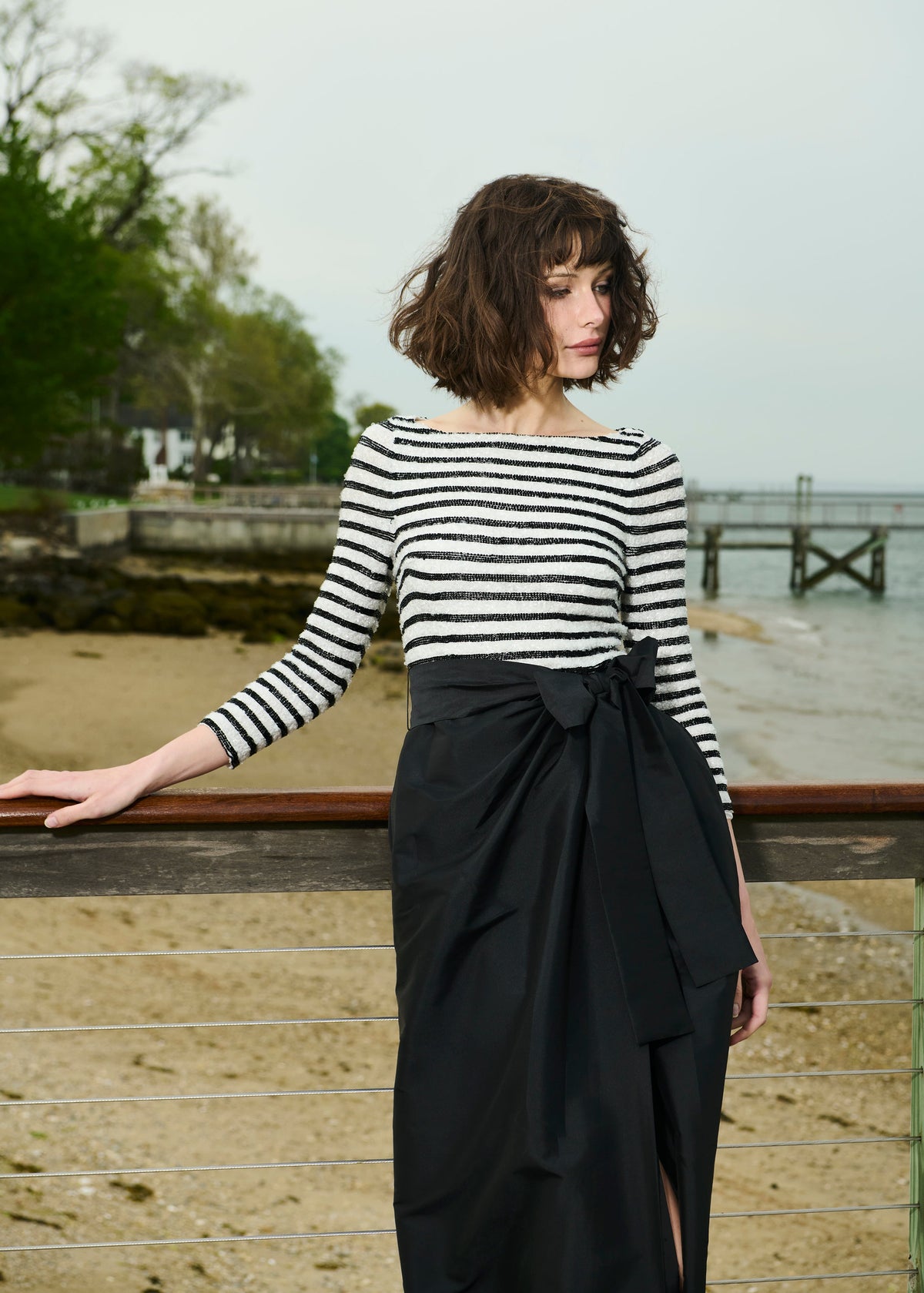Beaded Striped Gown With Taffeta Skirt