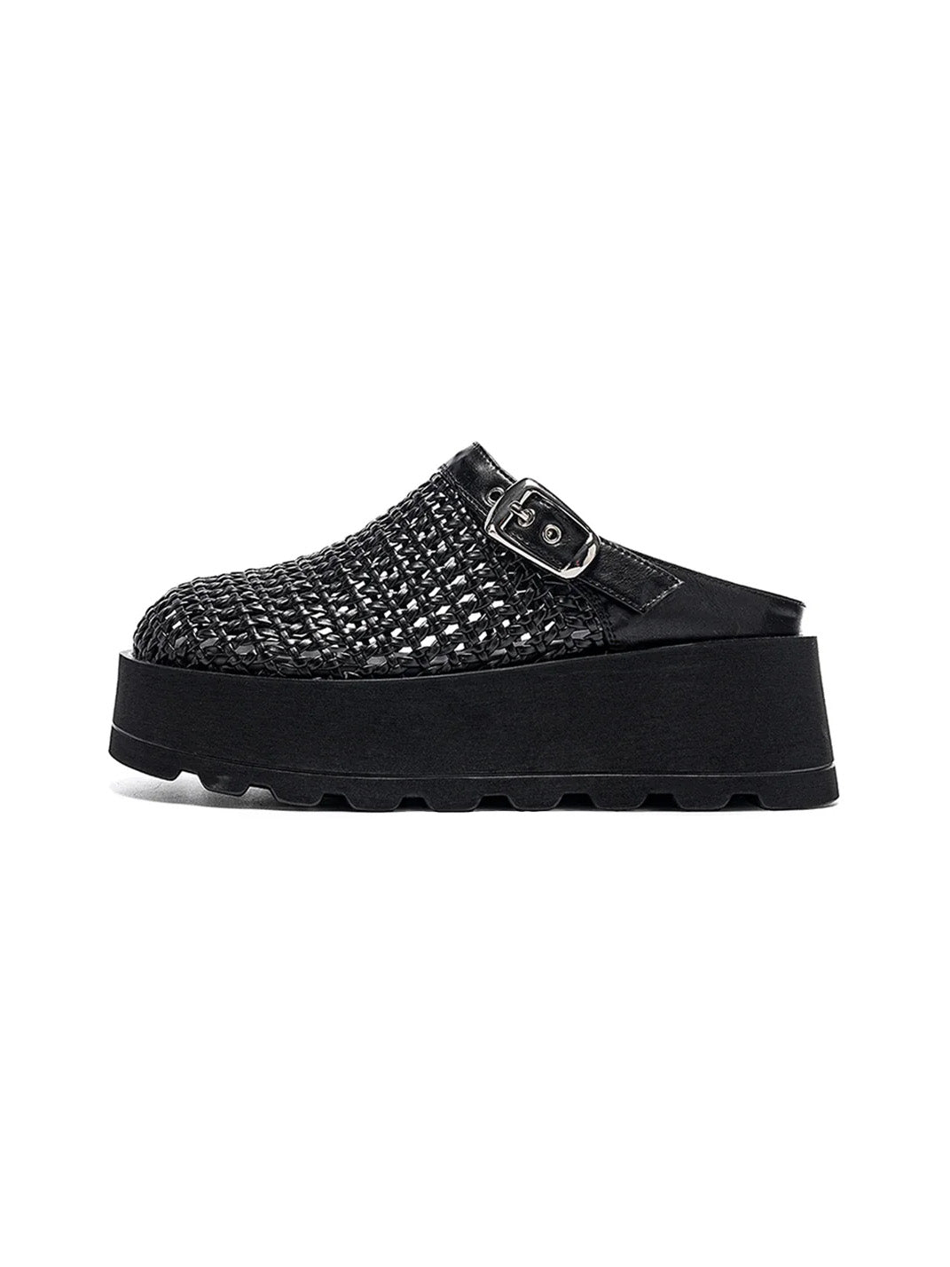 Woven Cut Out Platform Mules-Black - Skipkicks