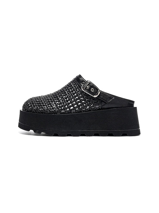 Woven Cut Out Platform Mules-Black - Skipkicks