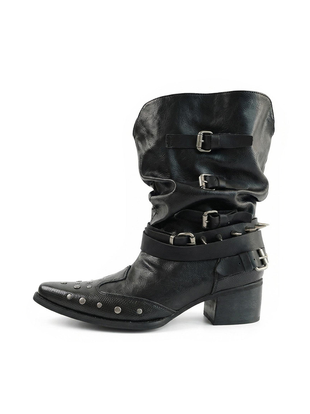 Black Leather Pointed-Toe V-Shaped Studded Ankle Boots