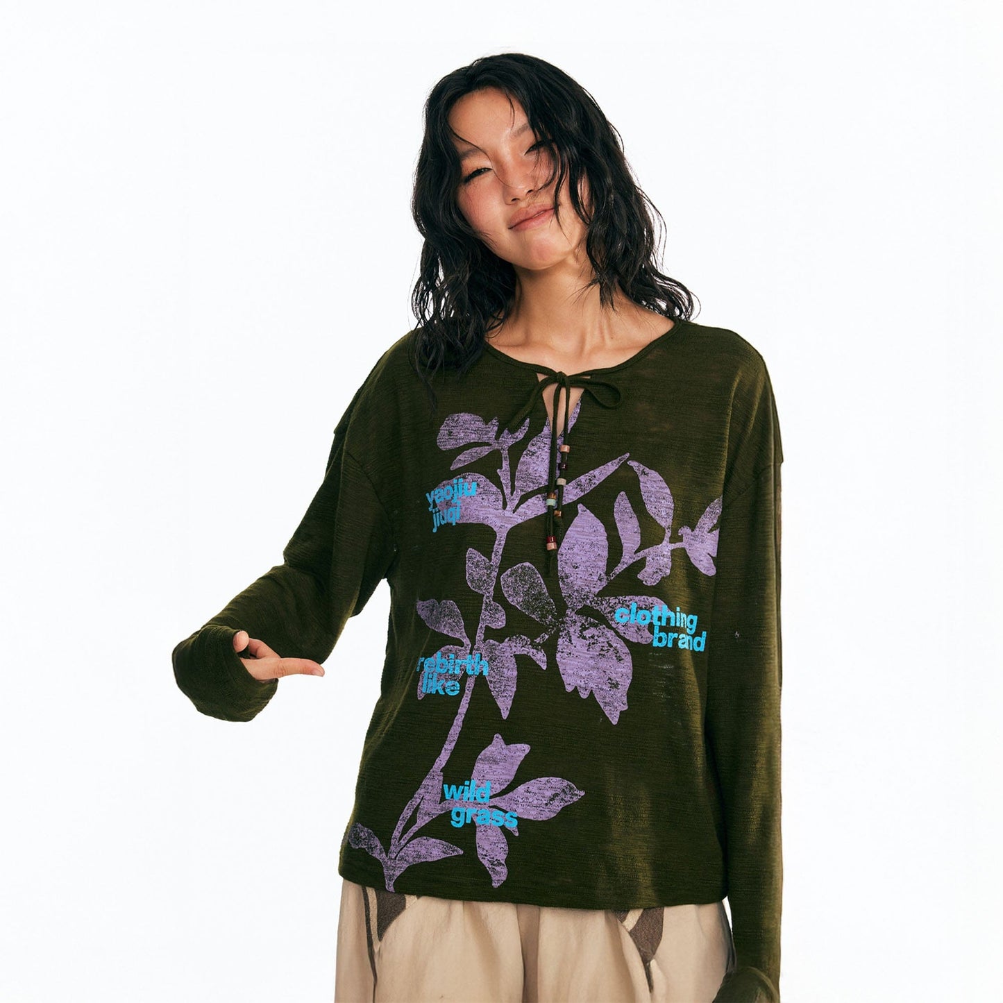 Sesame Leaf Drawstring Long-Sleeve Graphic Tee