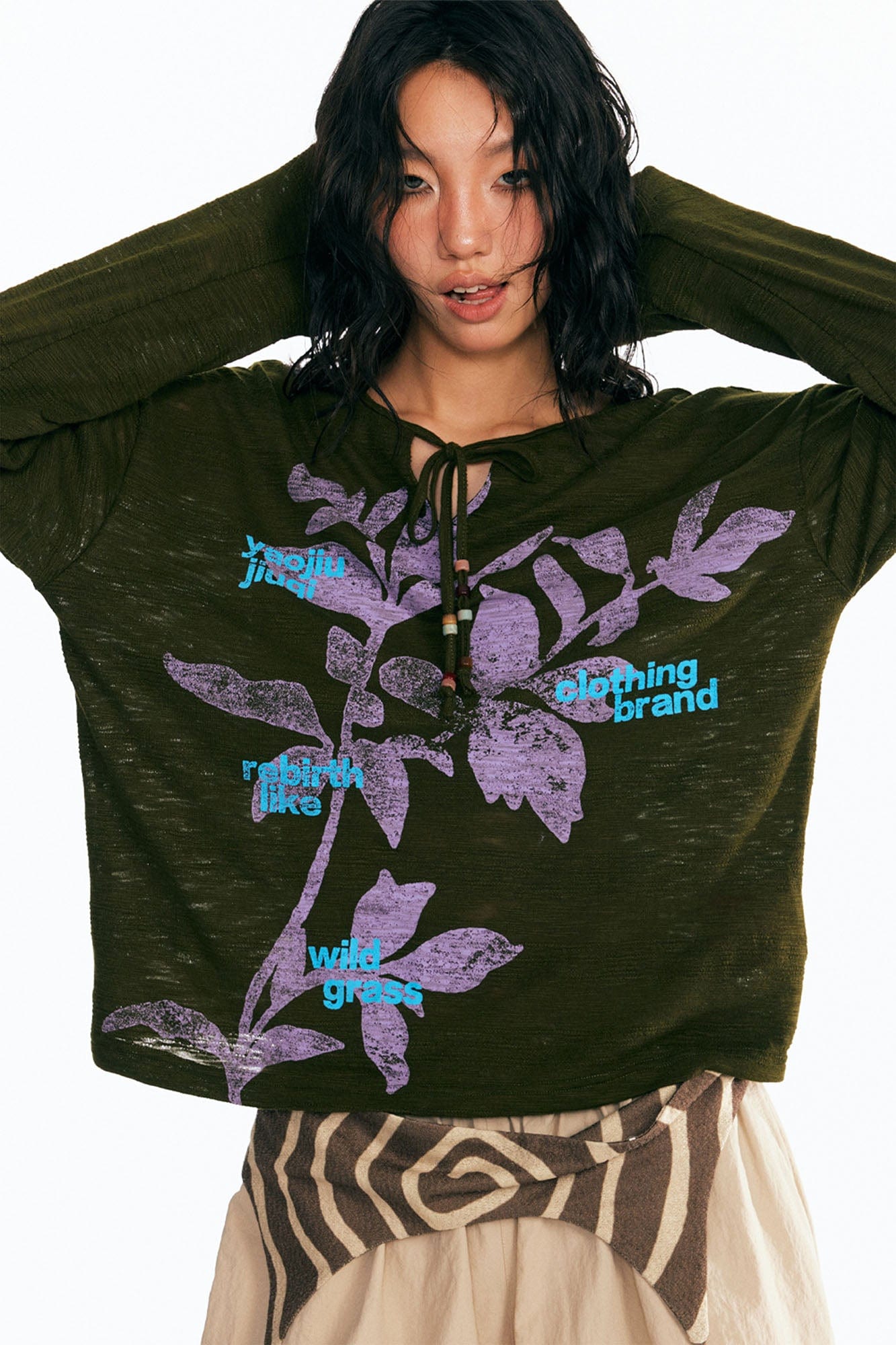 Sesame Leaf Drawstring Long-Sleeve Graphic Tee