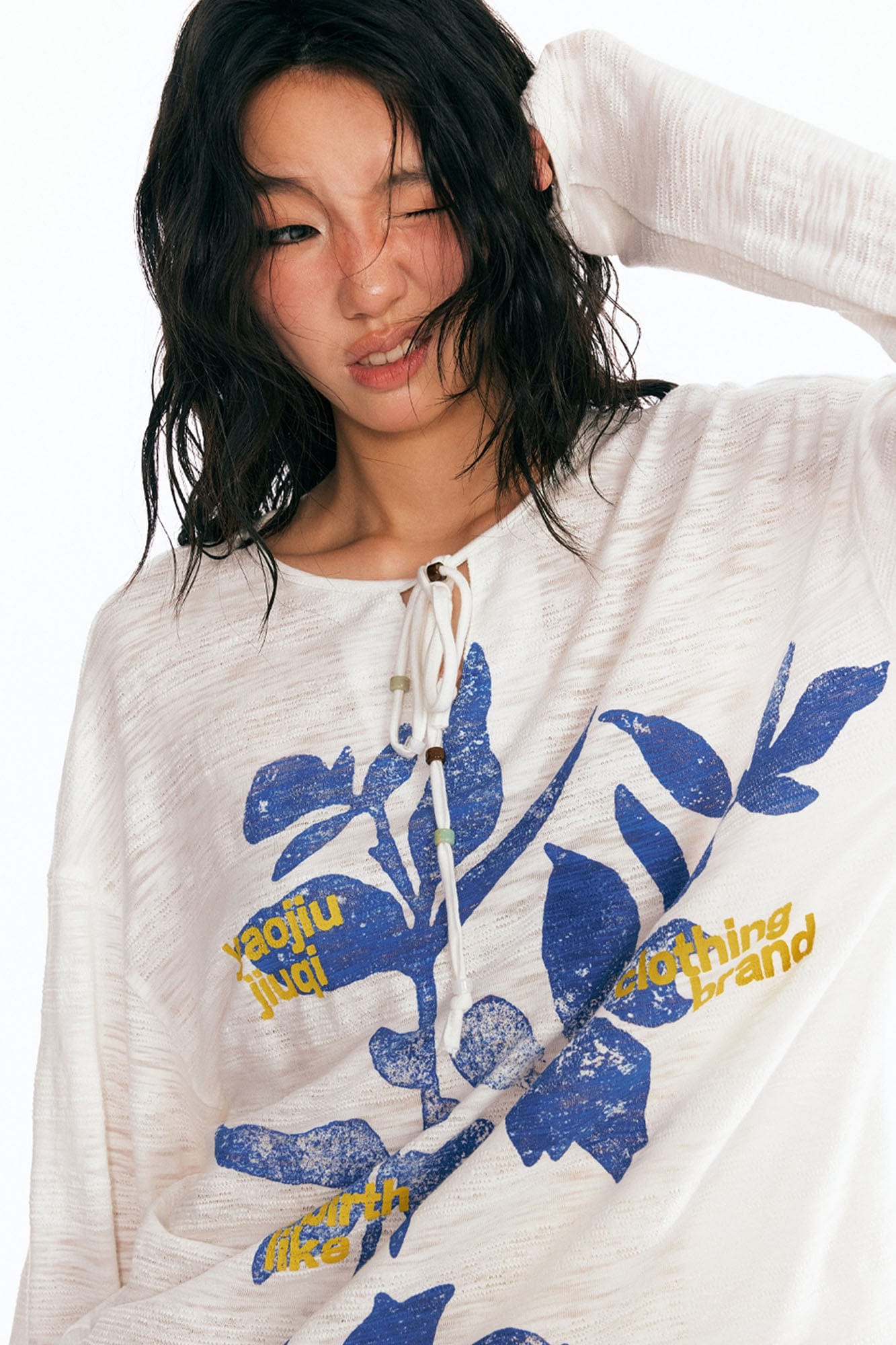 Sesame Leaf Drawstring Long-Sleeve Graphic Tee