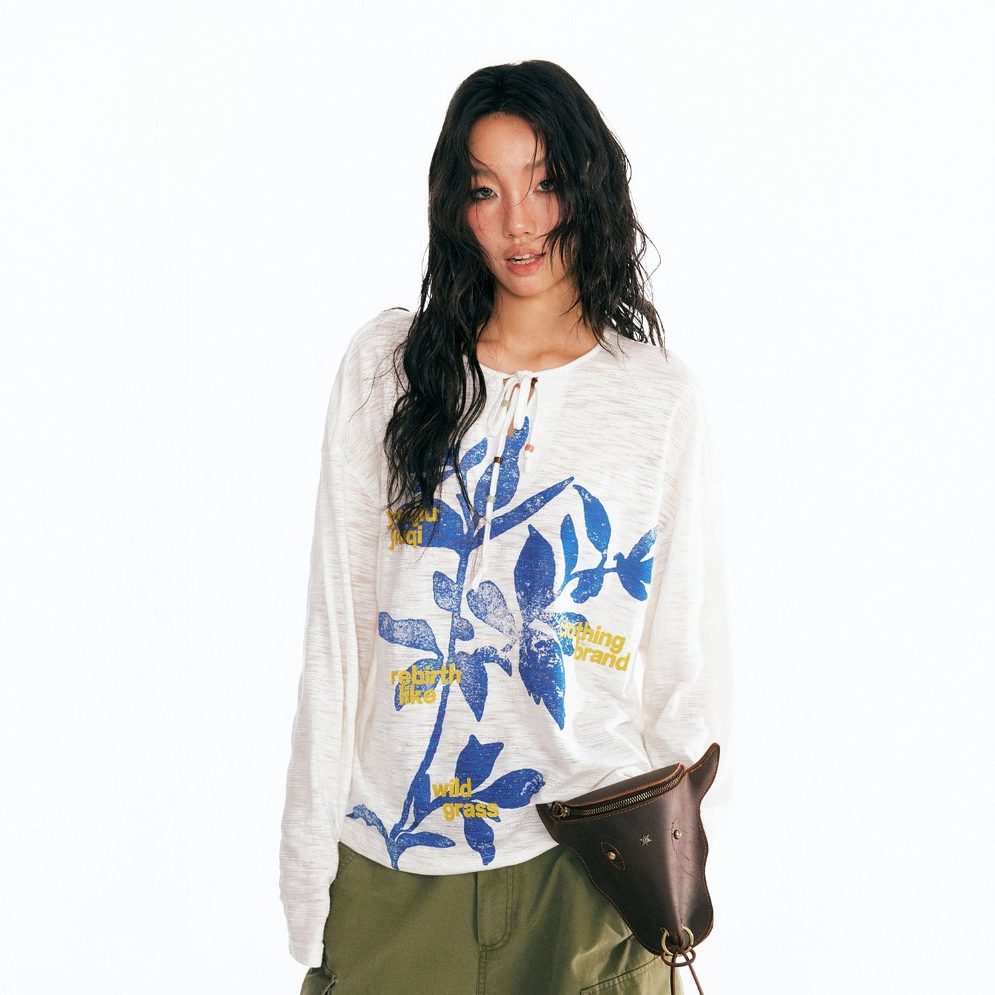 Sesame Leaf Drawstring Long-Sleeve Graphic Tee