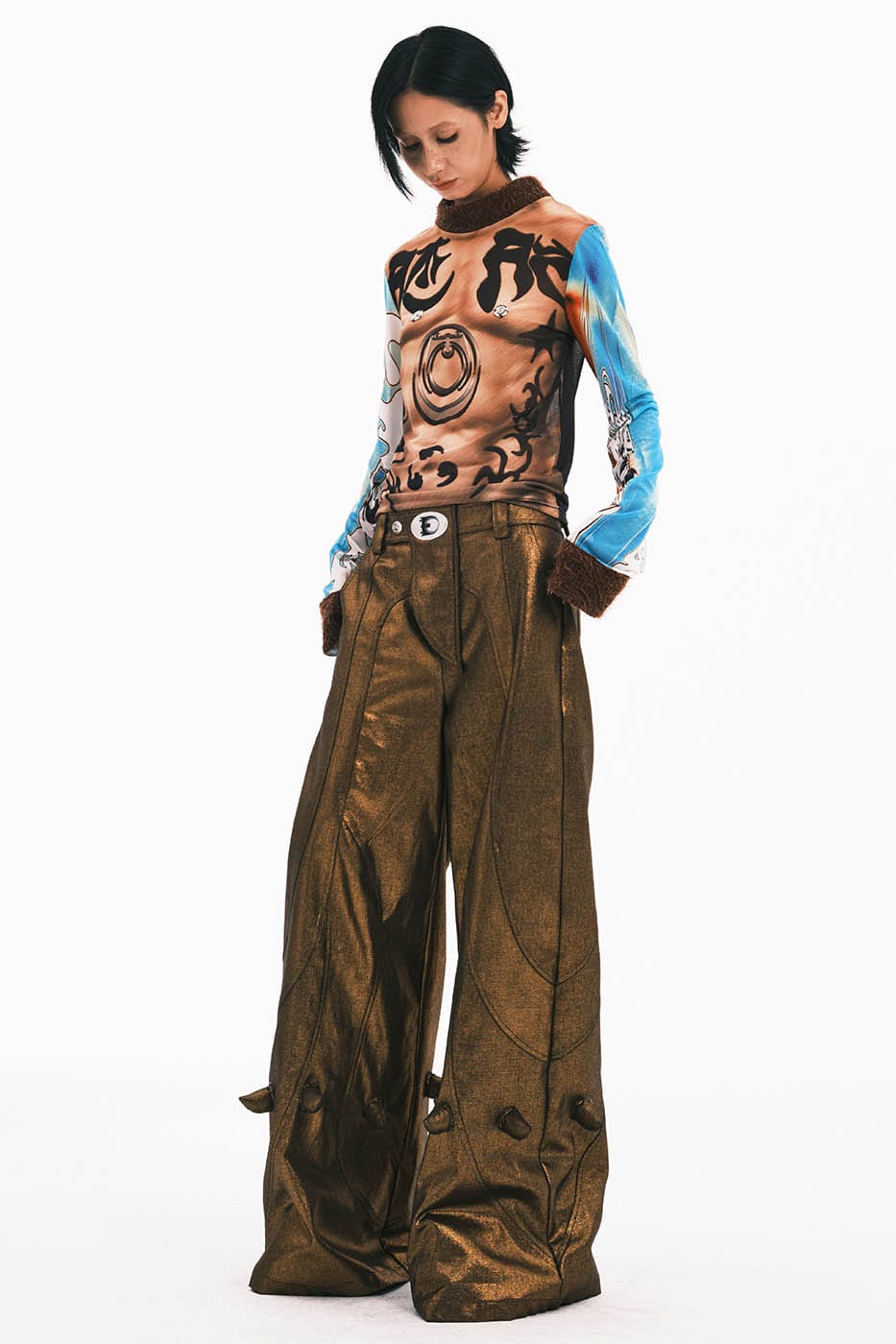 EMBRYO Tattoo-Illusion Sheer Mesh Long-Sleeve Top