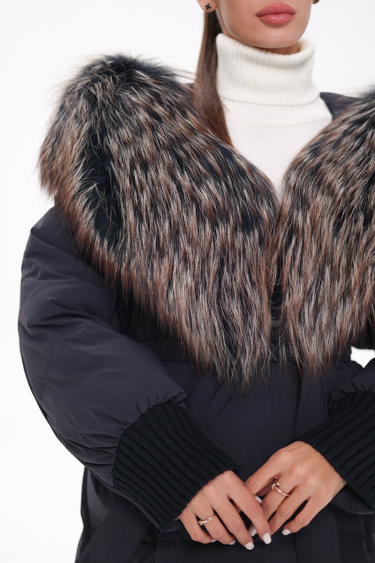 Rei Genuine Fur Trim Hooded Down Coat in Navy