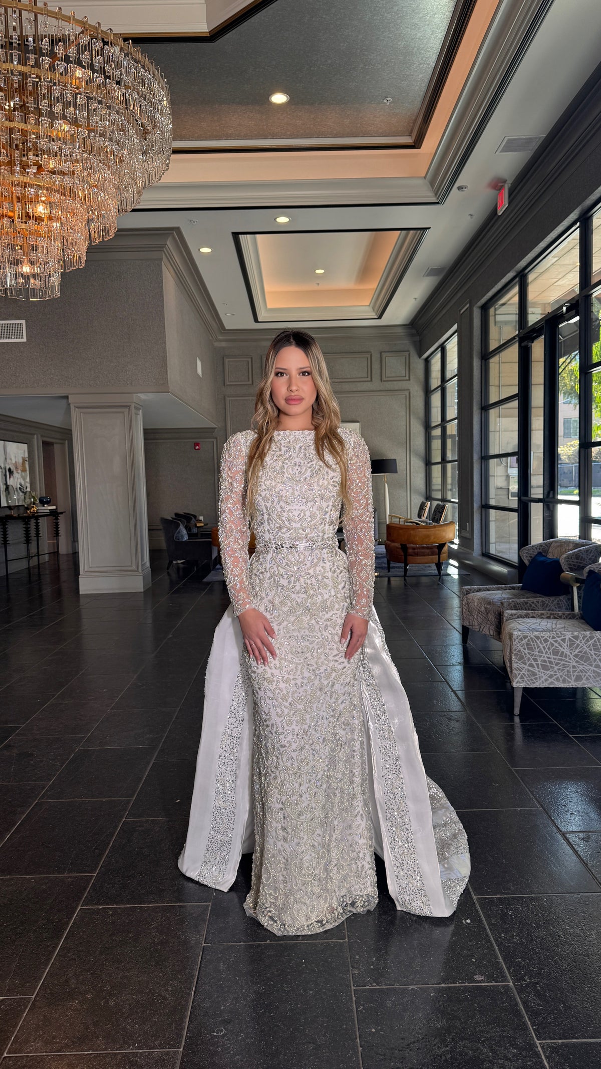 Aleena Bridal Embellished Pearl Crystal Beaded Gown With Detachable Overskirt