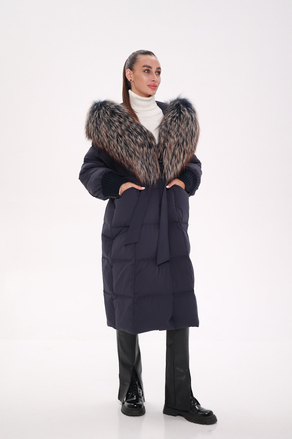 Rei Genuine Fur Trim Hooded Down Coat in Navy