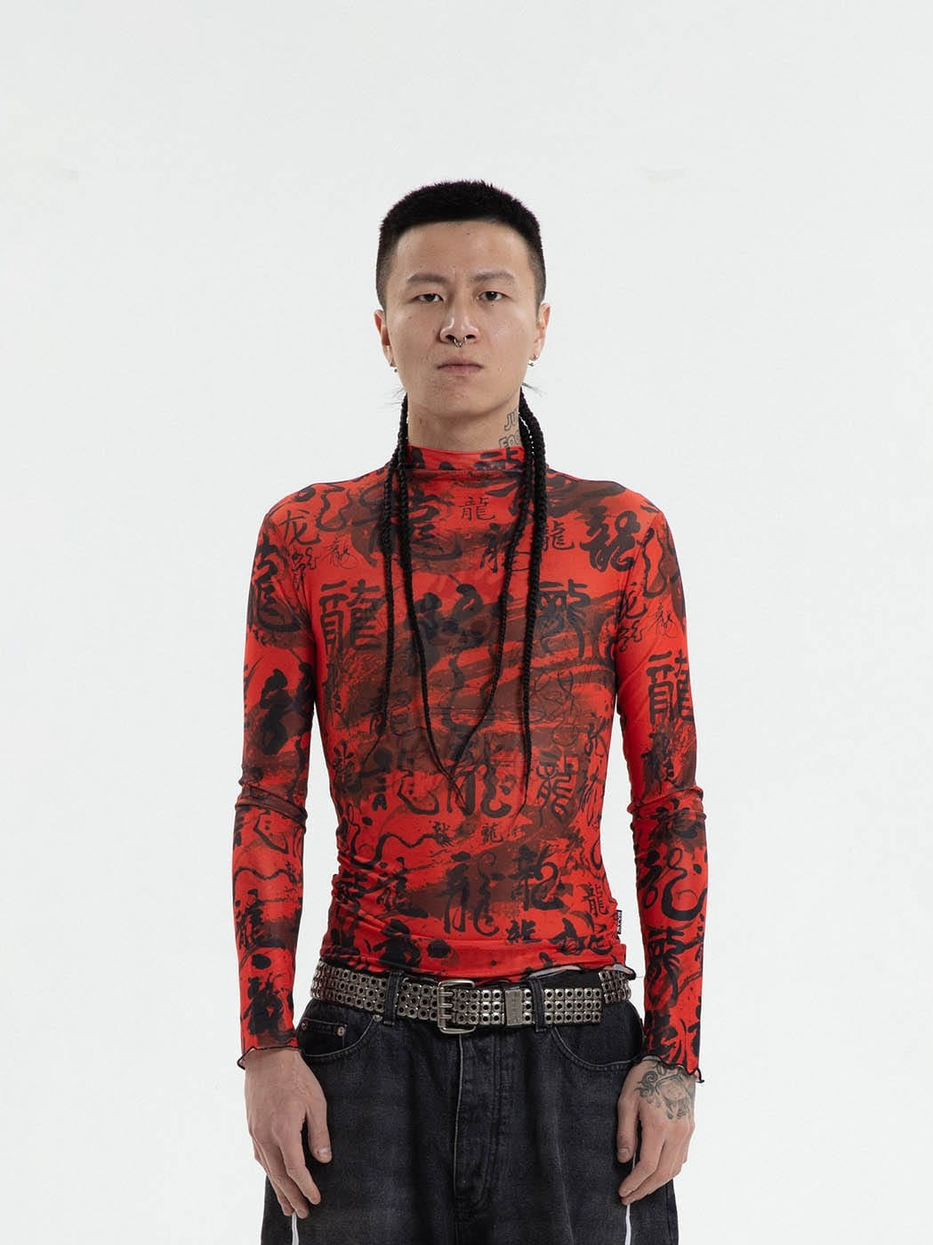 Red Chinese Calligraphy Print Turtleneck Mesh Top