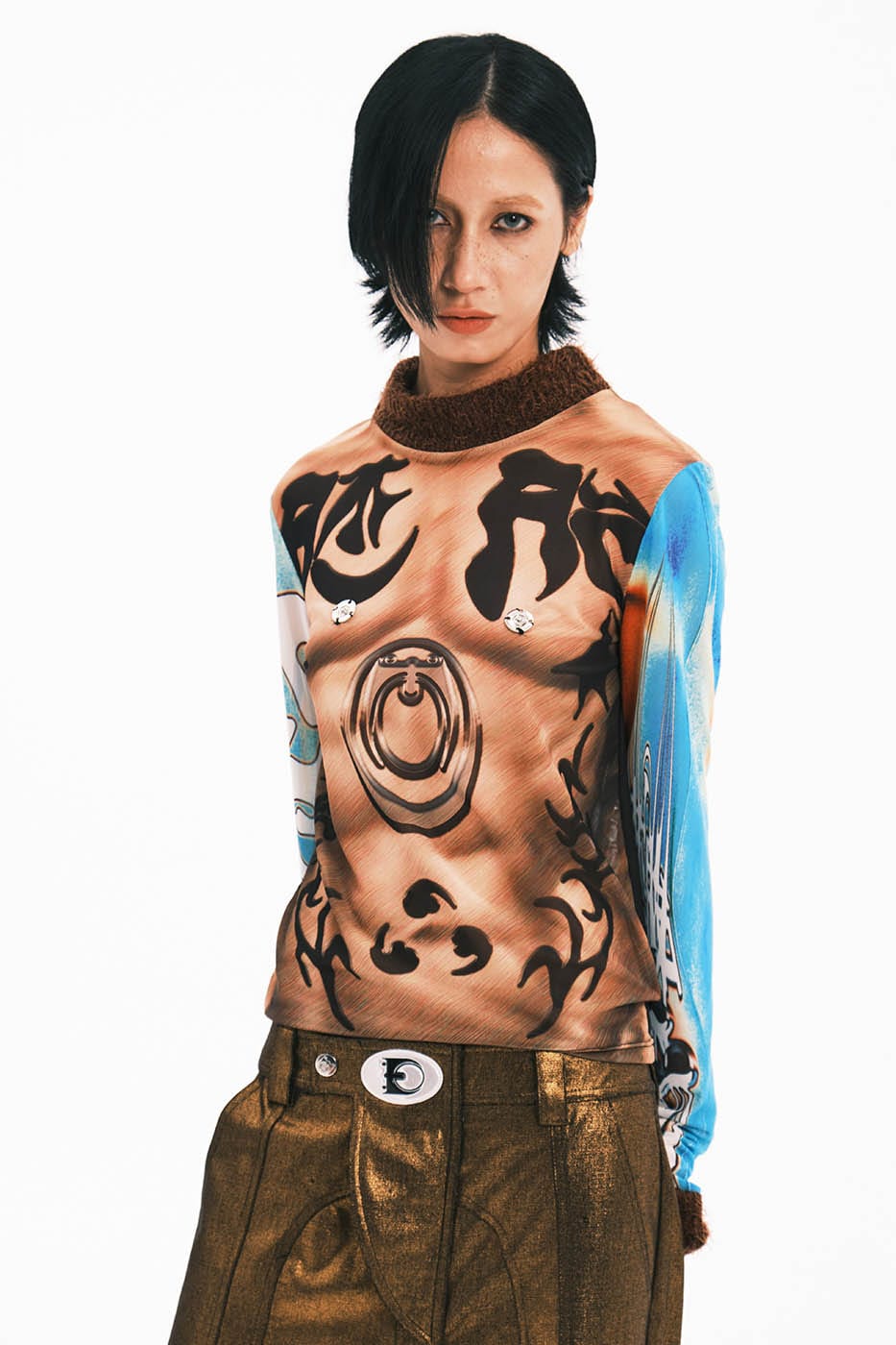 EMBRYO Tattoo-Illusion Sheer Mesh Long-Sleeve Top