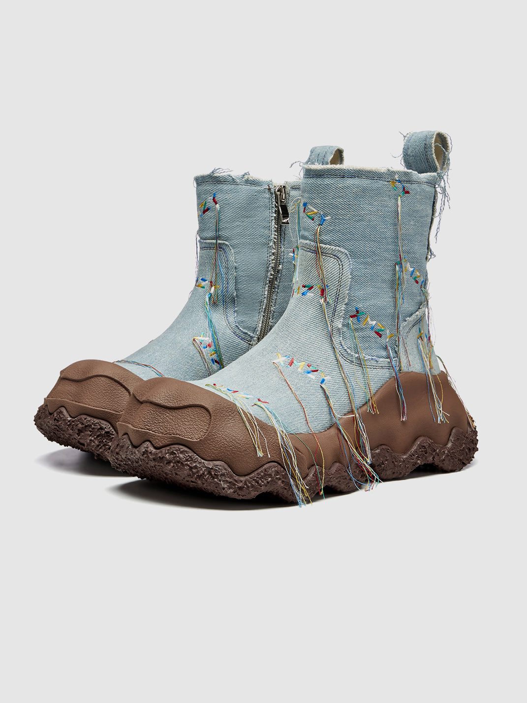 Denim Blue Geometric Planet Fringe Western Ankle Boots - Skipkicks