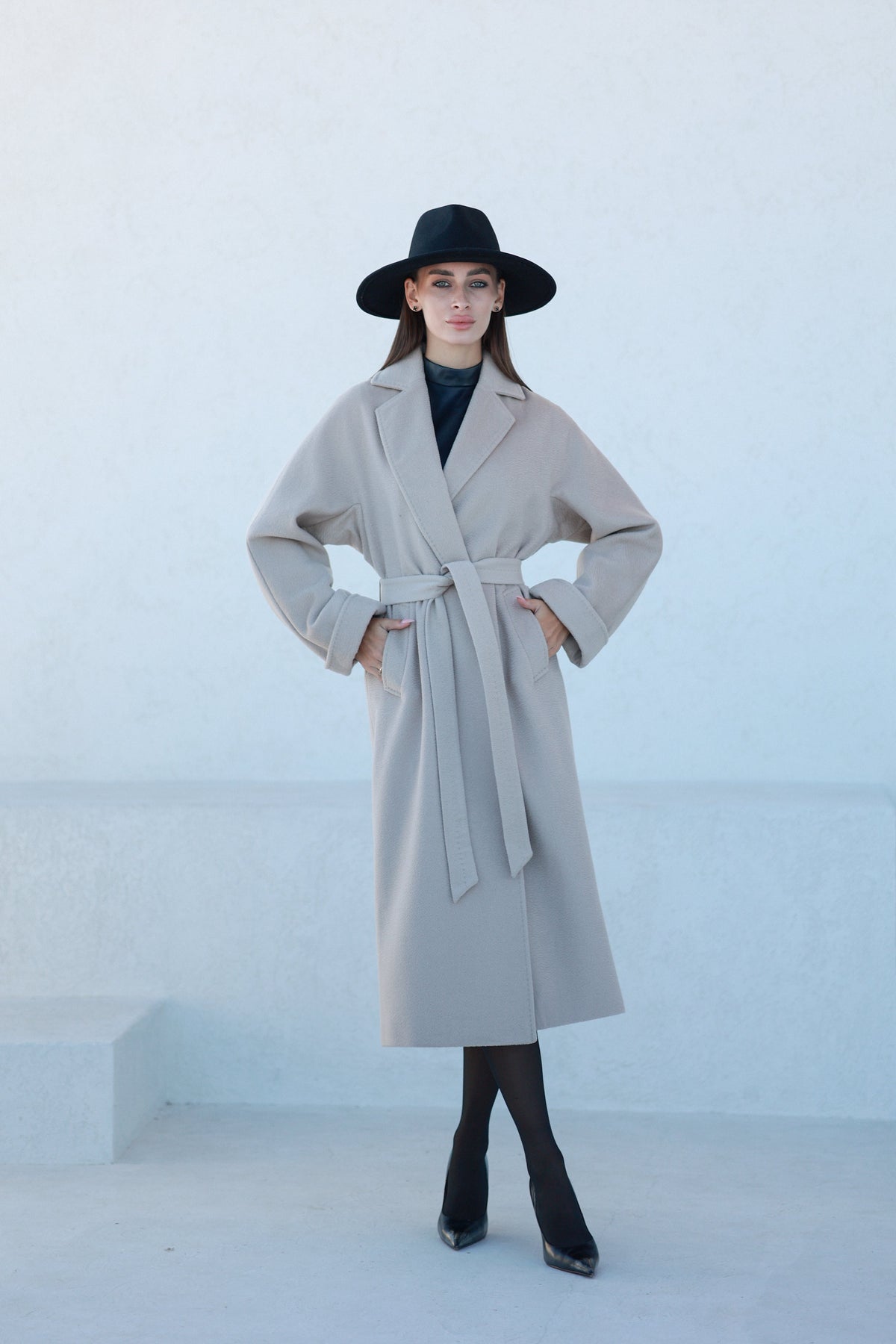 Classic Brushed Cashmere Wool Blend Overcoat in Beige