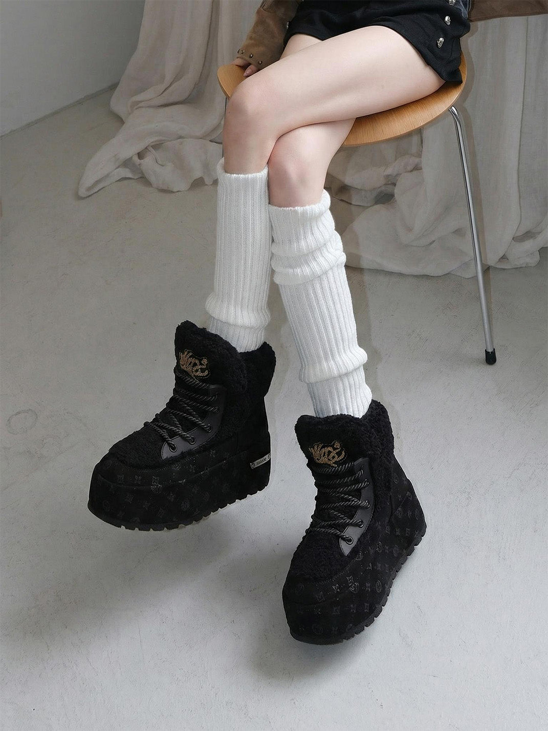 Black Monogram Design Faux Fur Platform Boots