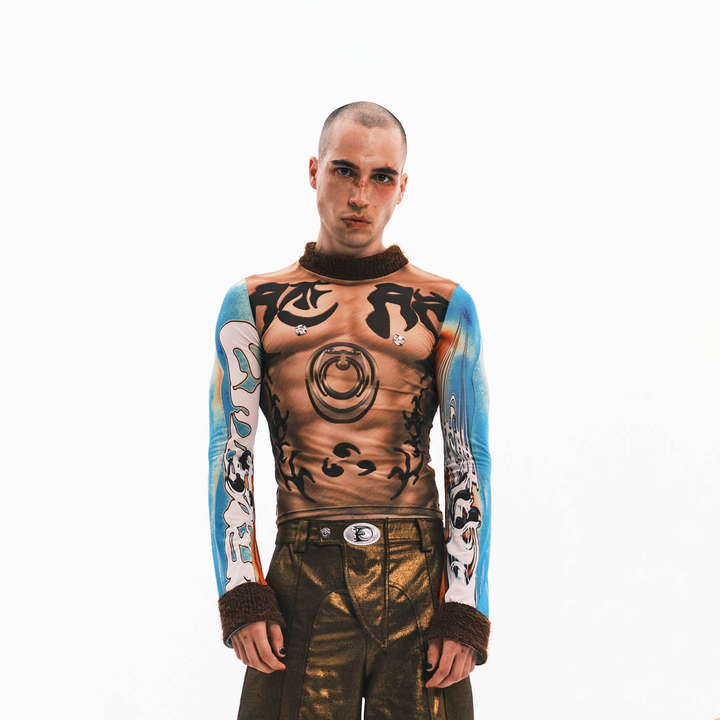 EMBRYO Tattoo-Illusion Sheer Mesh Long-Sleeve Top