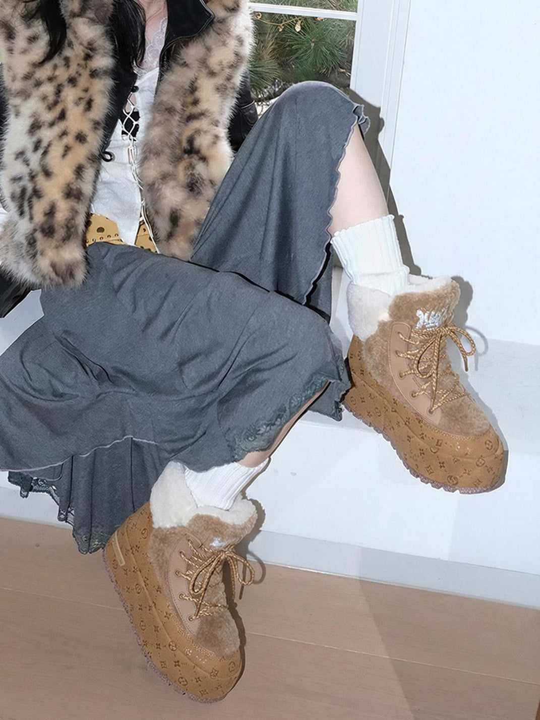 Black Monogram Design Faux Fur Platform Boots
