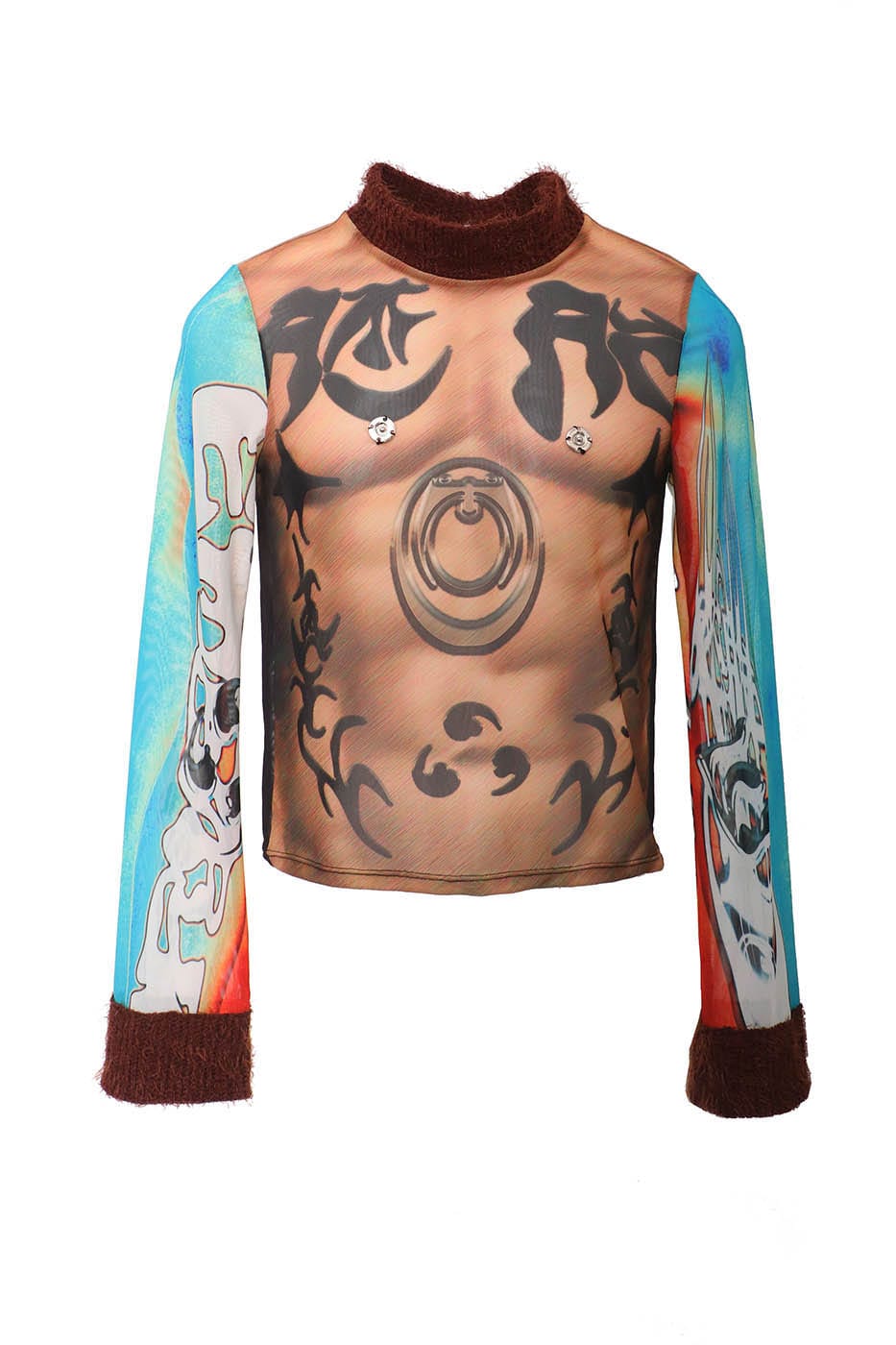 EMBRYO Tattoo-Illusion Sheer Mesh Long-Sleeve Top