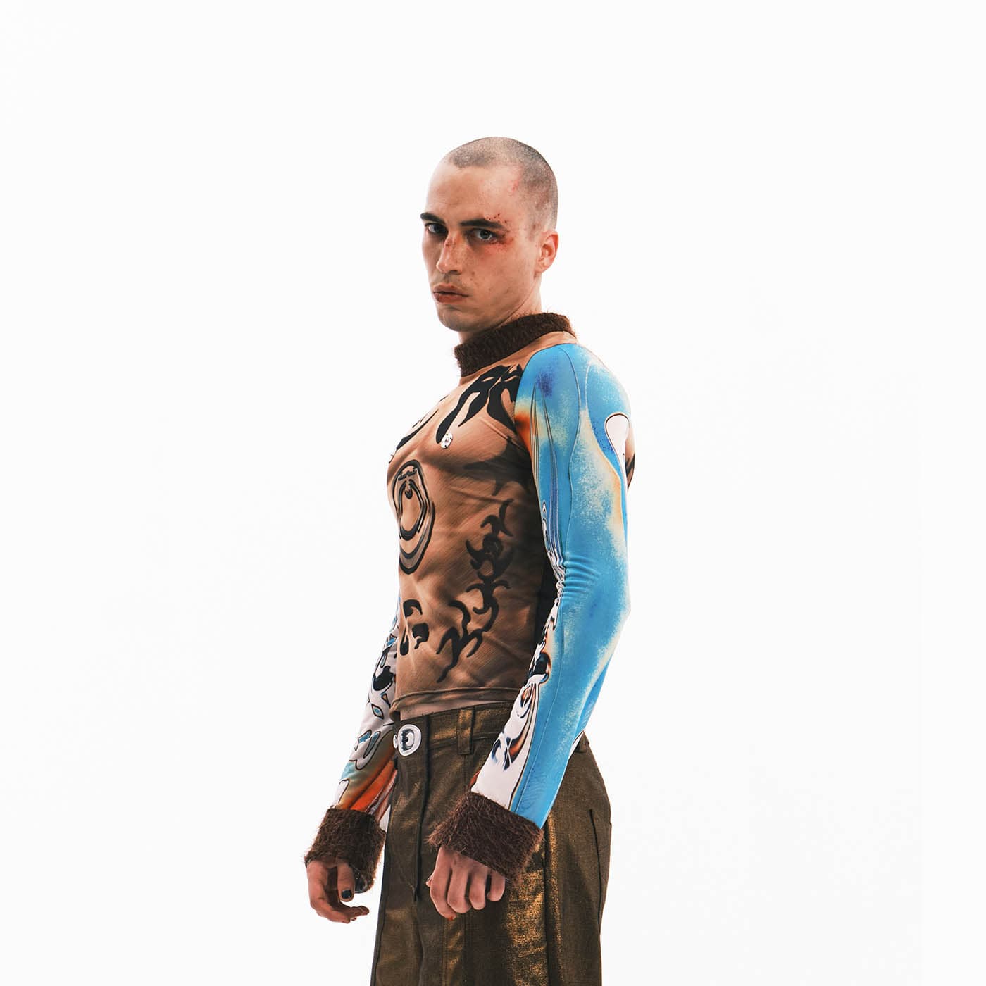 EMBRYO Tattoo-Illusion Sheer Mesh Long-Sleeve Top