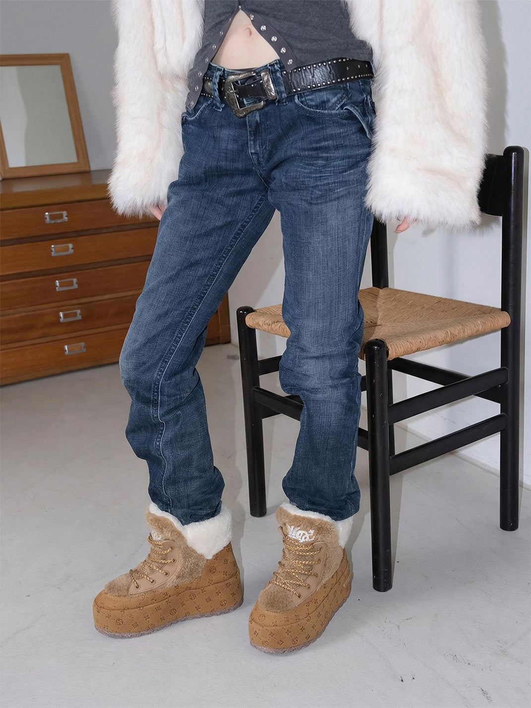 Black Monogram Design Faux Fur Platform Boots