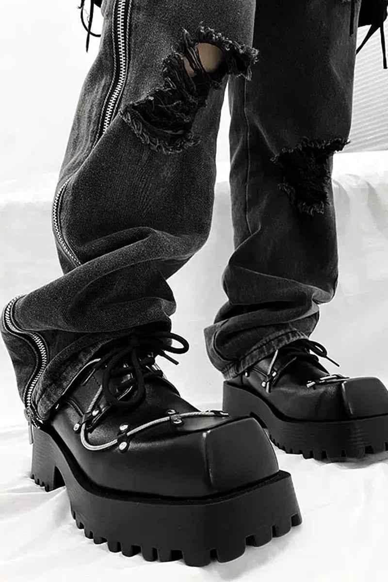 Black Studded Platform Chunky Derby Shoes