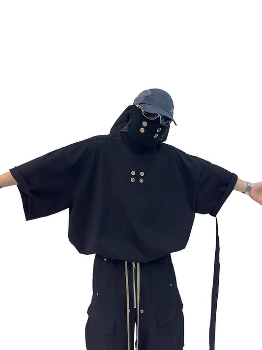 Grommet Detail Oversized Black Tee