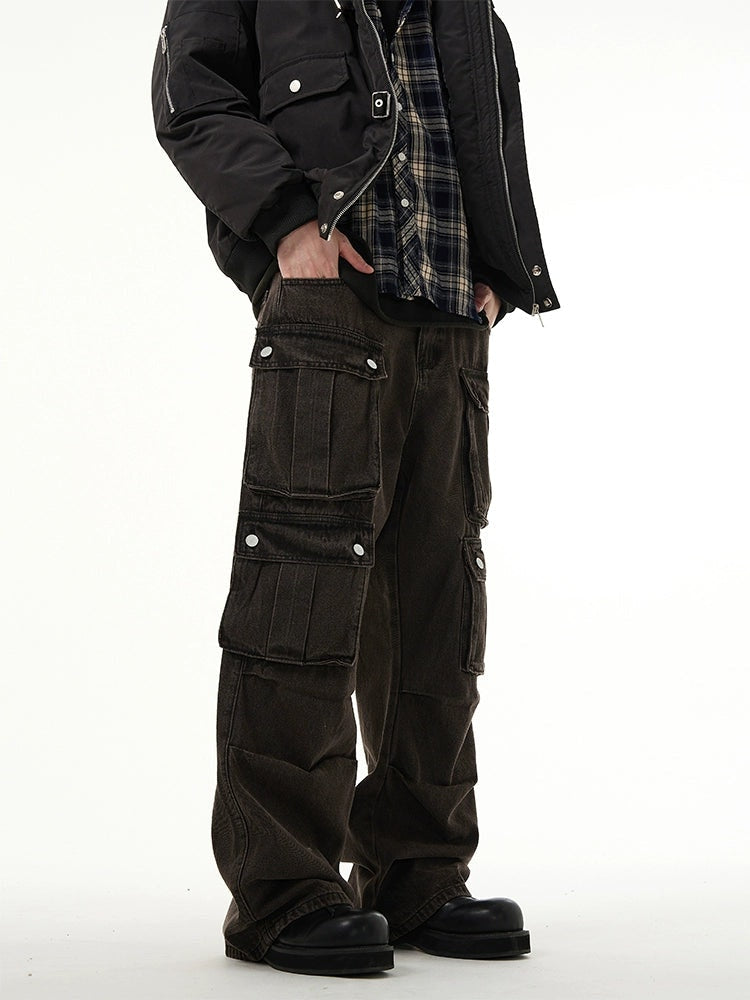 Faded Multi Pocket Wide-Leg Cargo Jeans