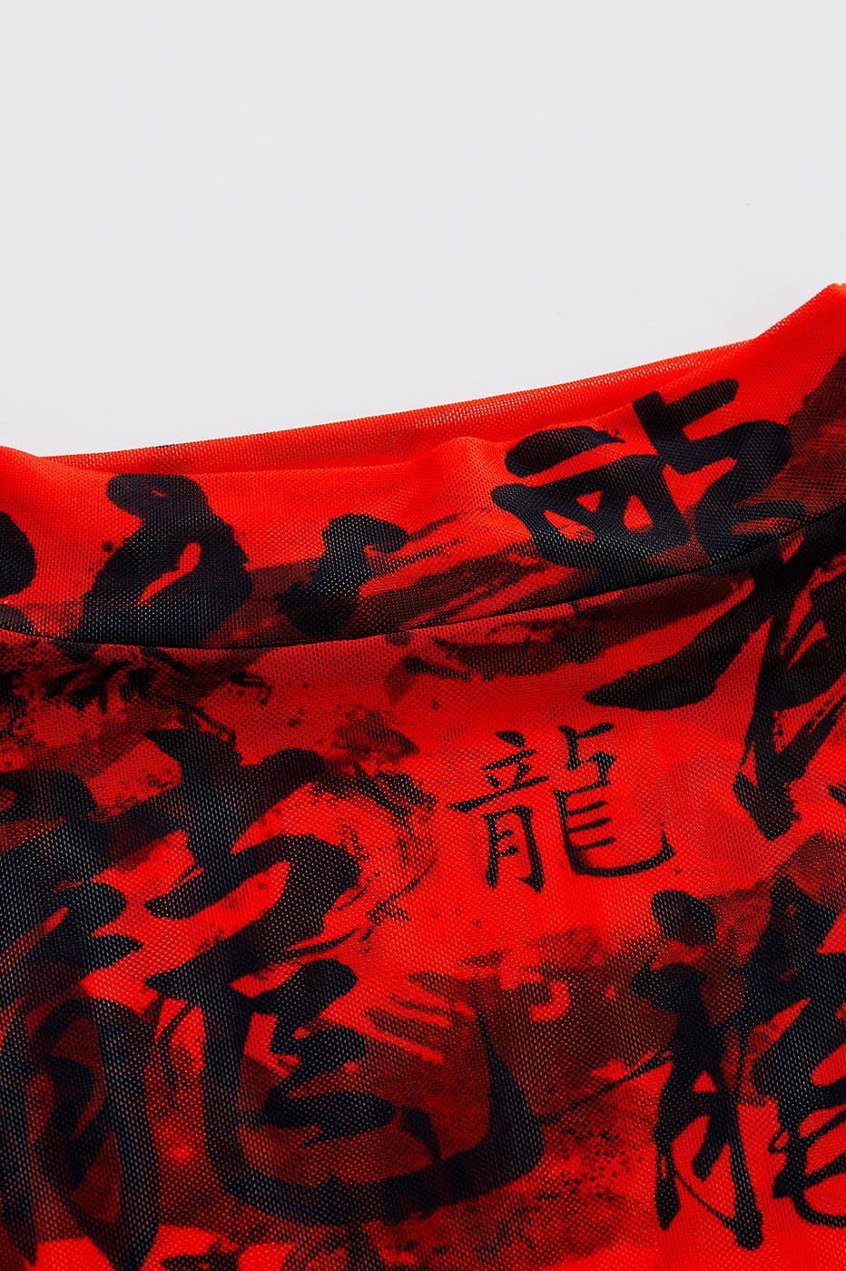 Red Chinese Calligraphy Print Turtleneck Mesh Top