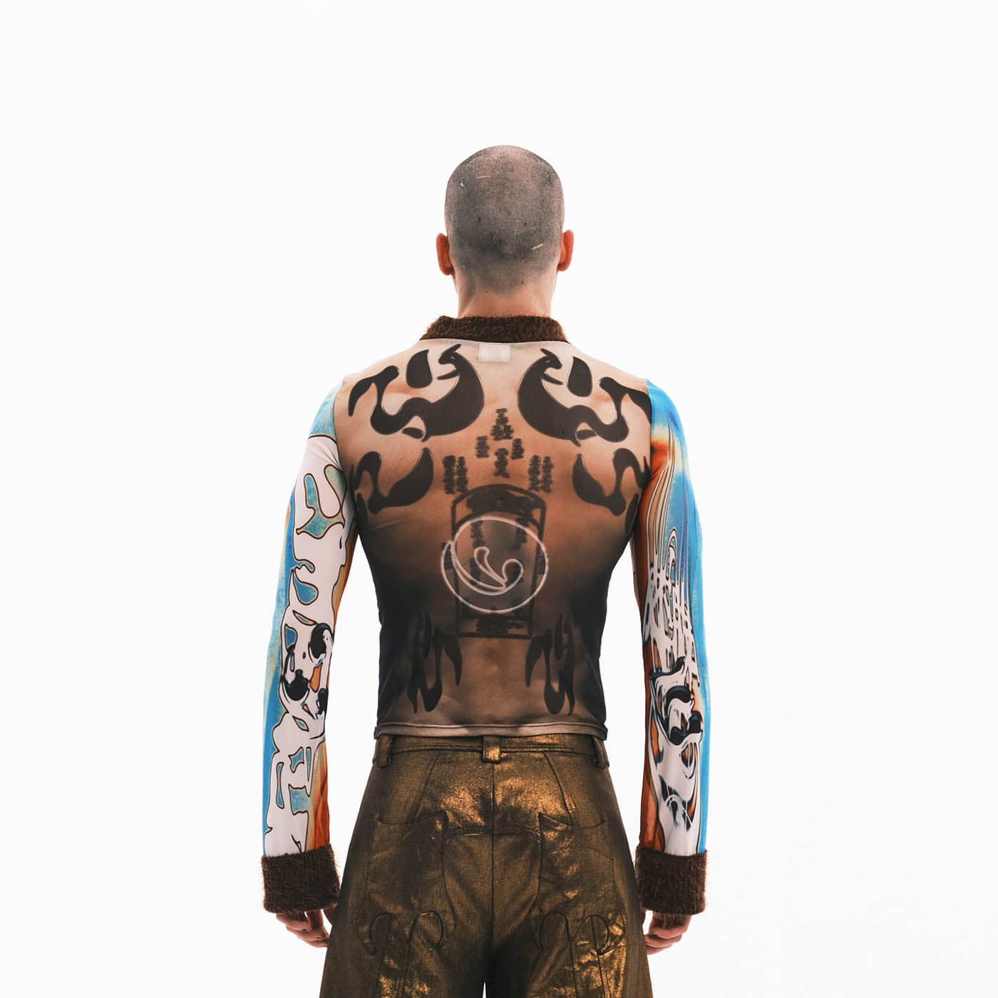 EMBRYO Tattoo-Illusion Sheer Mesh Long-Sleeve Top